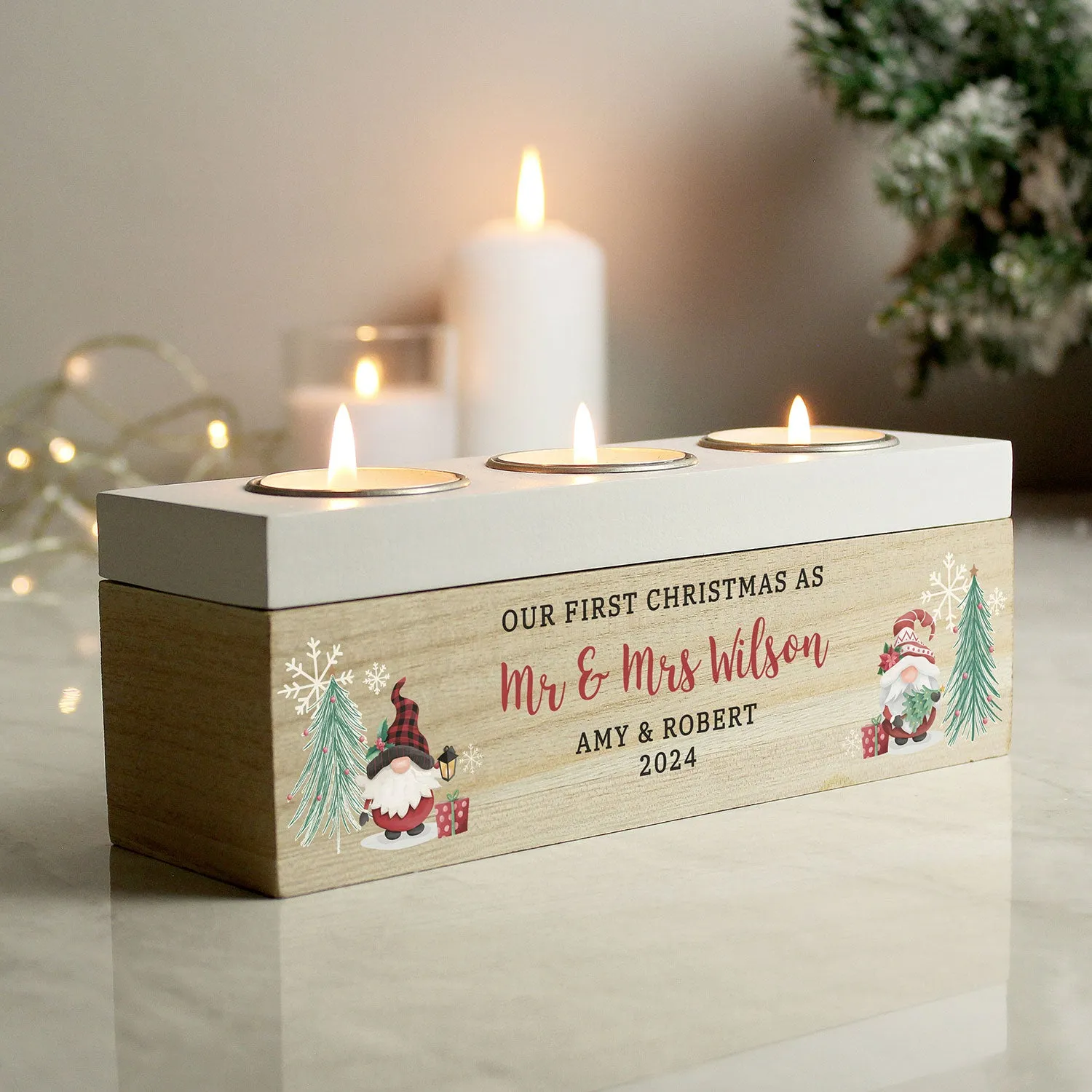 Personalised Christmas Gonk Triple Tea Light Box - Brown, Wood by Julian Charles