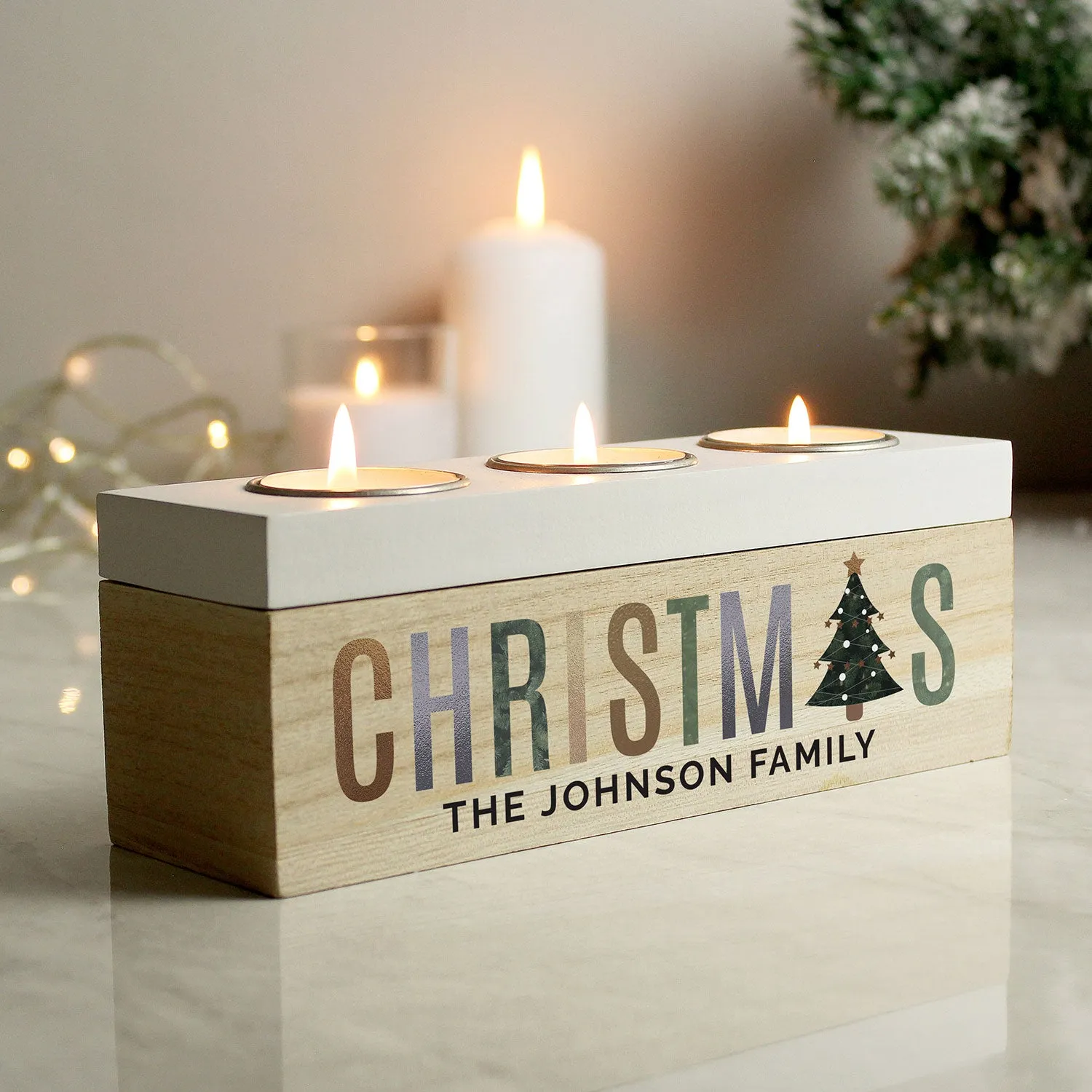 Personalised Christmas Tree Wooden Tea Light Box - Brown by Julian Charles, image 2