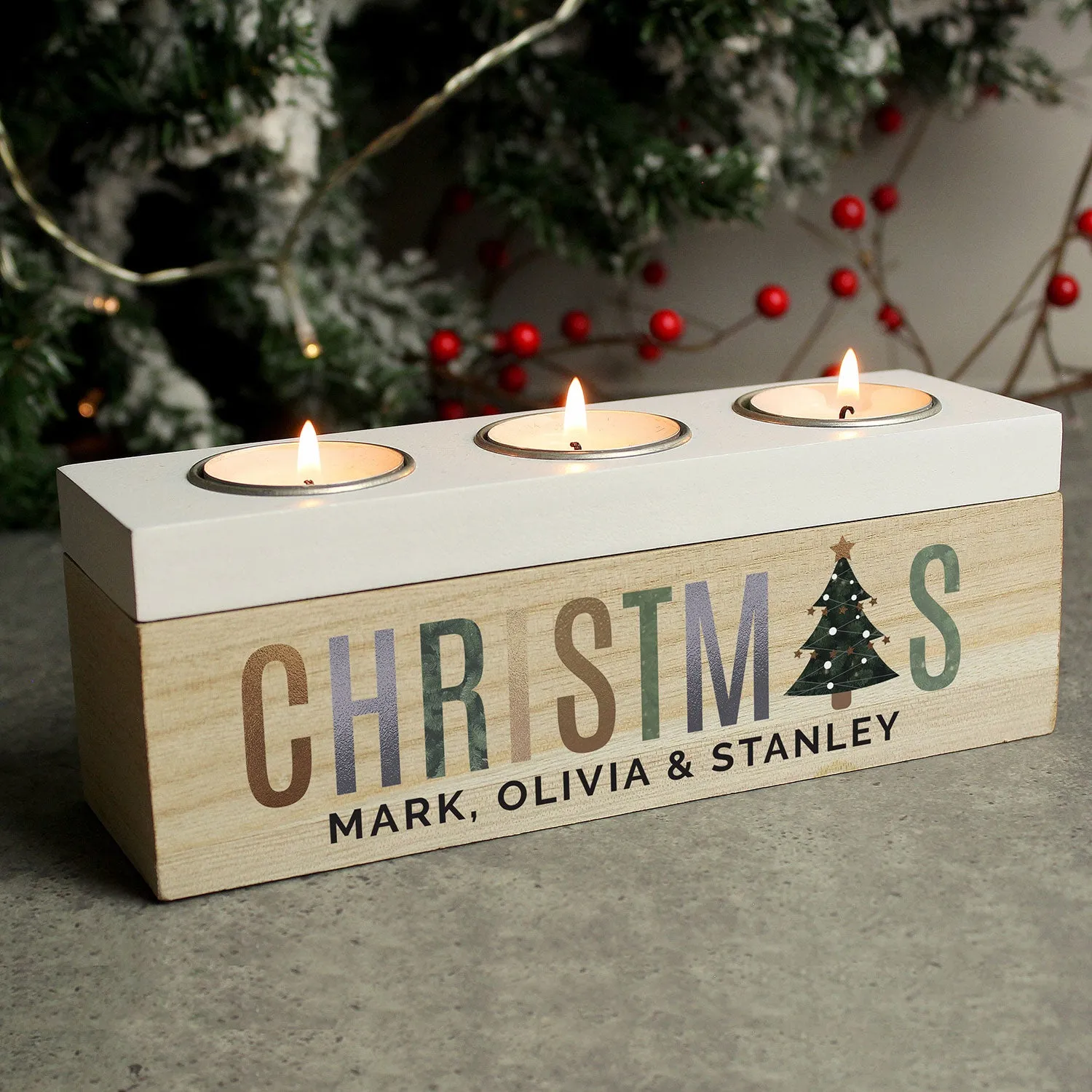 Personalised Christmas Tree Wooden Tea Light Box - Brown by Julian Charles