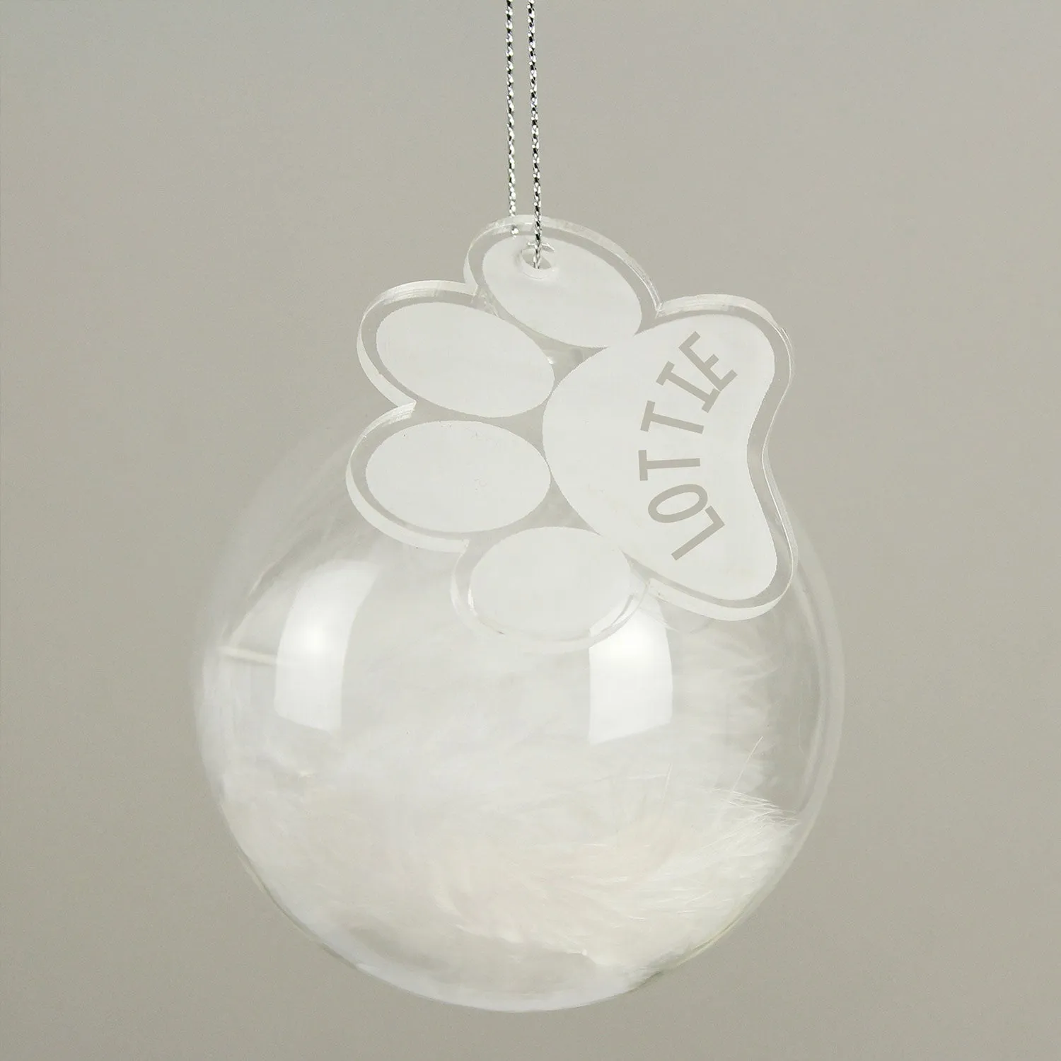Personalised Feather Glass Bauble with Paw Print Tag - White by Julian Charles, alternate view