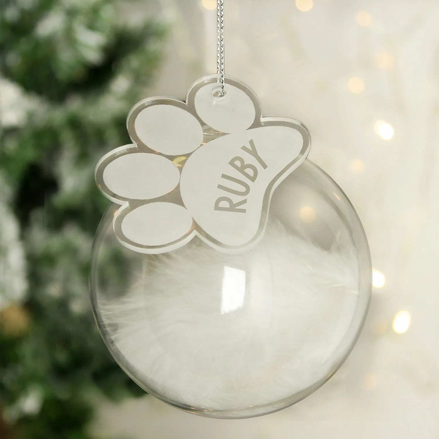 Personalised Feather Glass Bauble with Paw Print Tag - White by Julian Charles