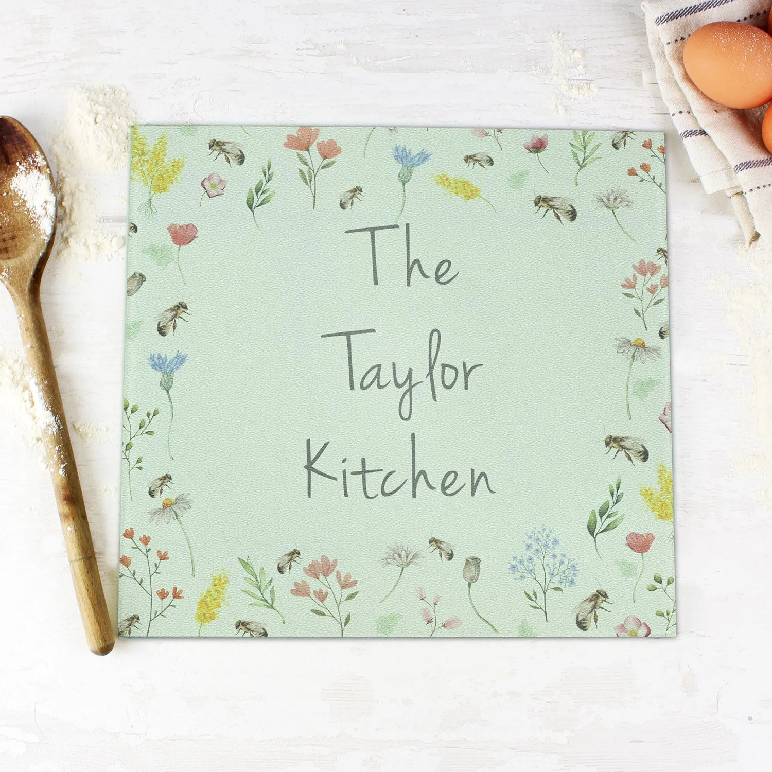 Personalised Flowers and Bees Glass Chopping Board - Clear product