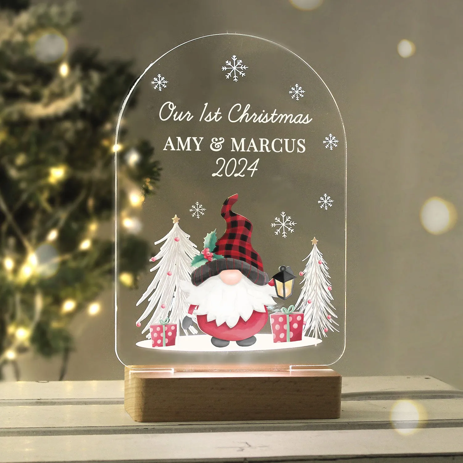 Personalised Gonk Wooden Base LED Christmas Light - Multi by Julian Charles