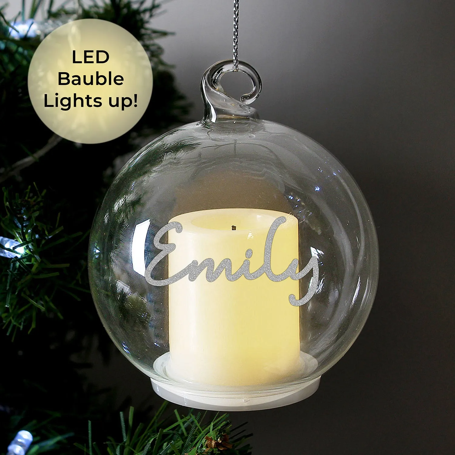 Personalised LED Candle Glass Christmas Bauble - Clear by Julian Charles