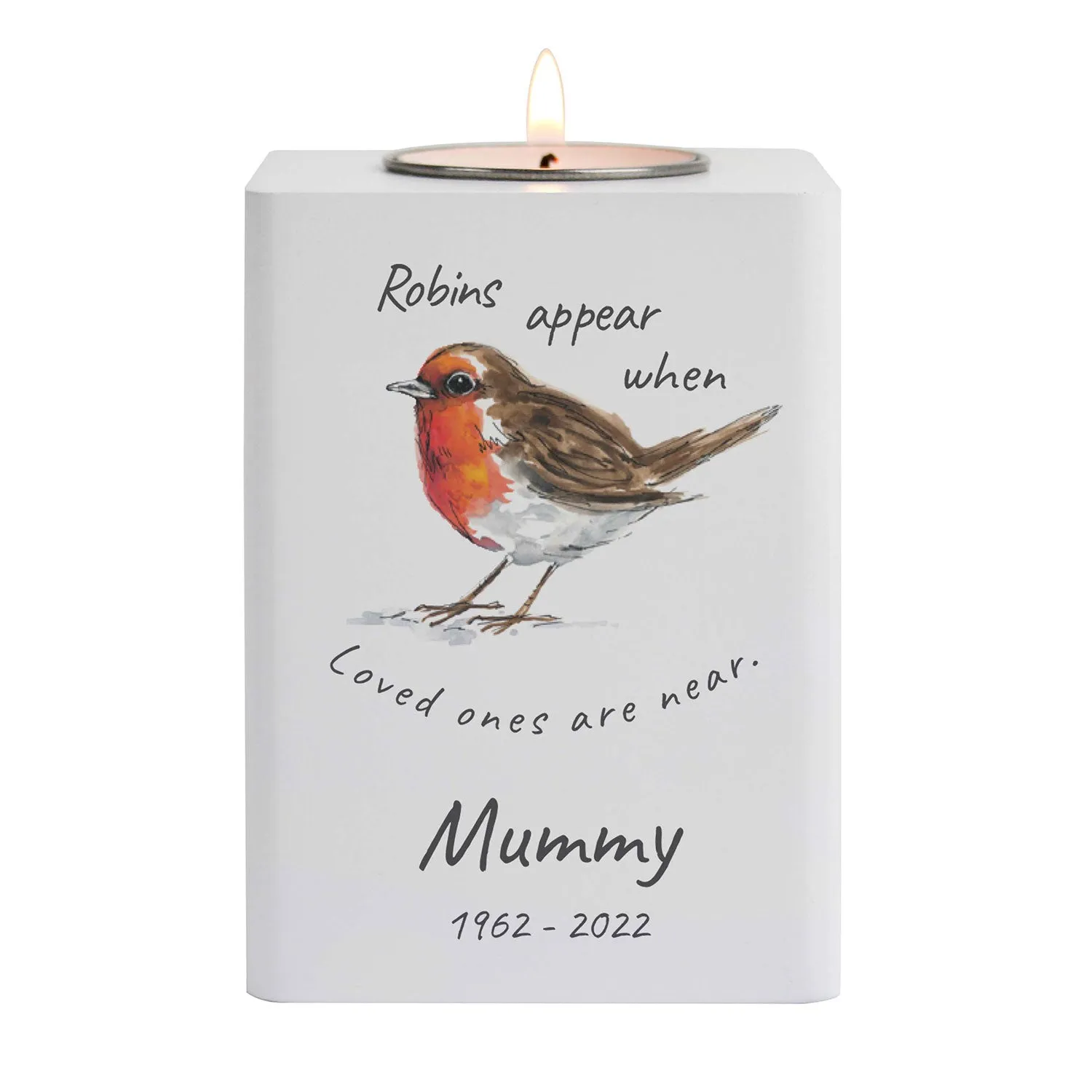 Personalised Robin Memorial Tea Light Holder - White, Wood product