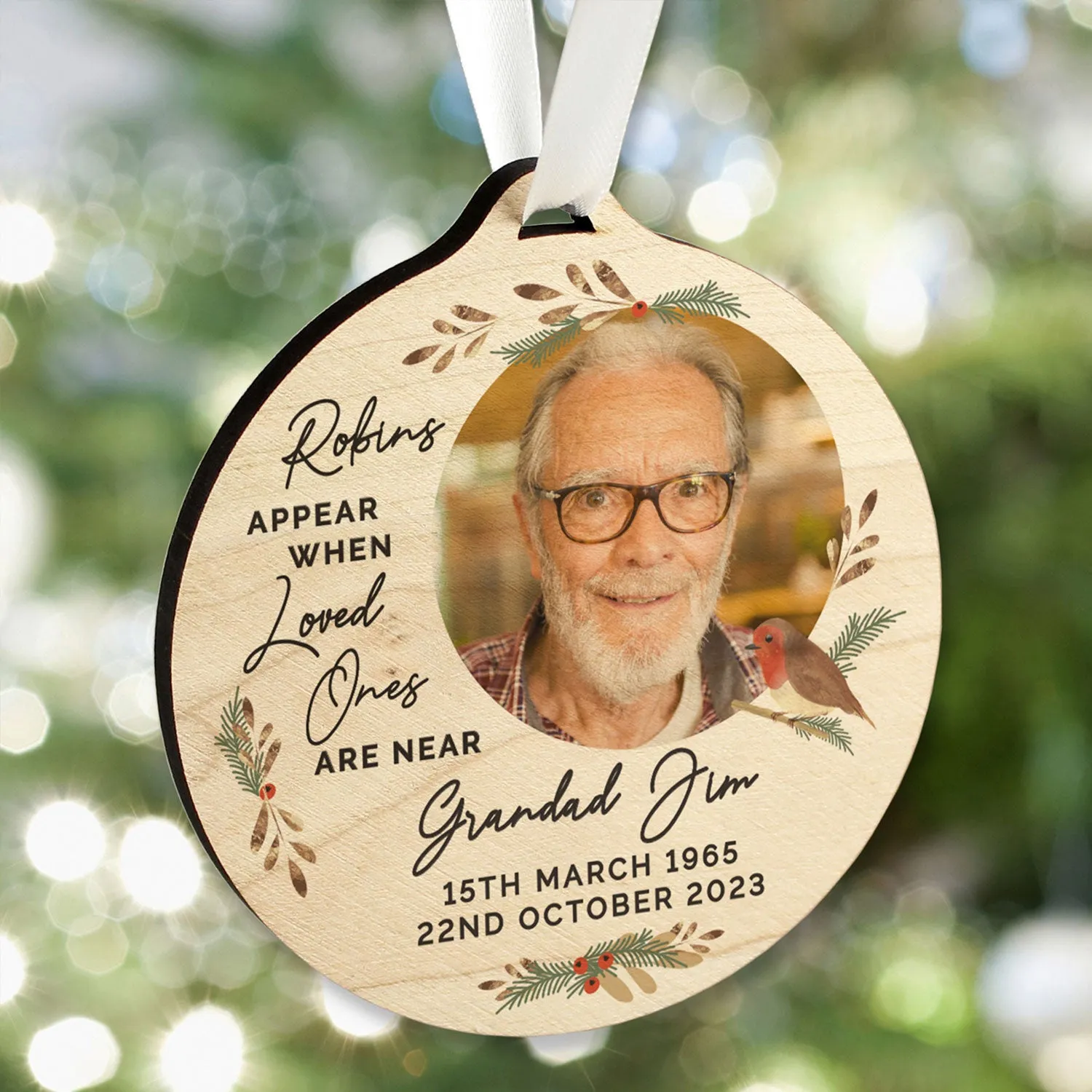 Personalised Robin Photo Memorial Wooden Decoration - Brown by Julian Charles, alternate view