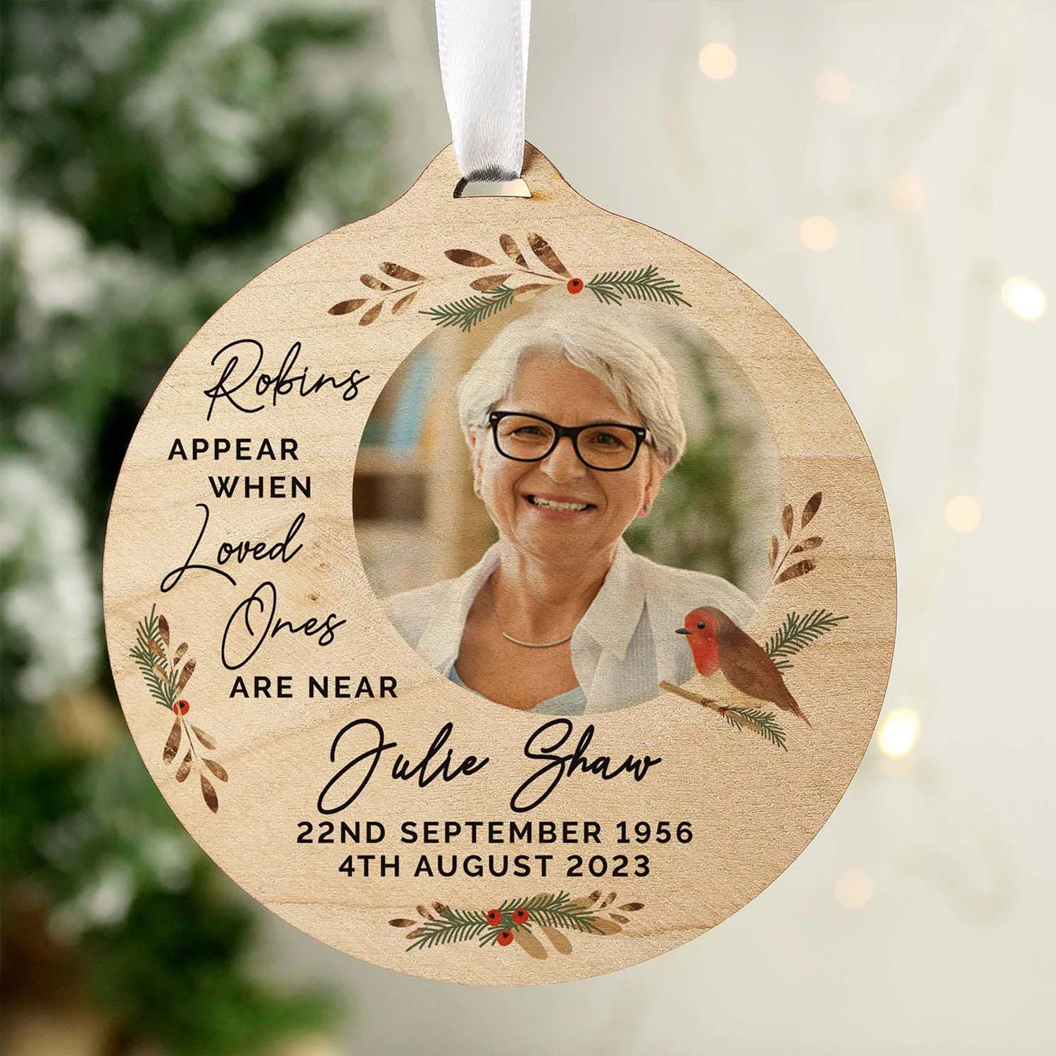 Personalised Robin Photo Memorial Wooden Decoration - Brown by Julian Charles
