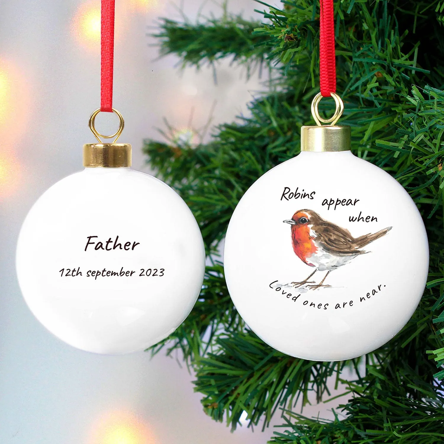 Personalised Robins Appear Memorial Christmas Bauble - White, Ceramic by Julian Charles, alternate view
