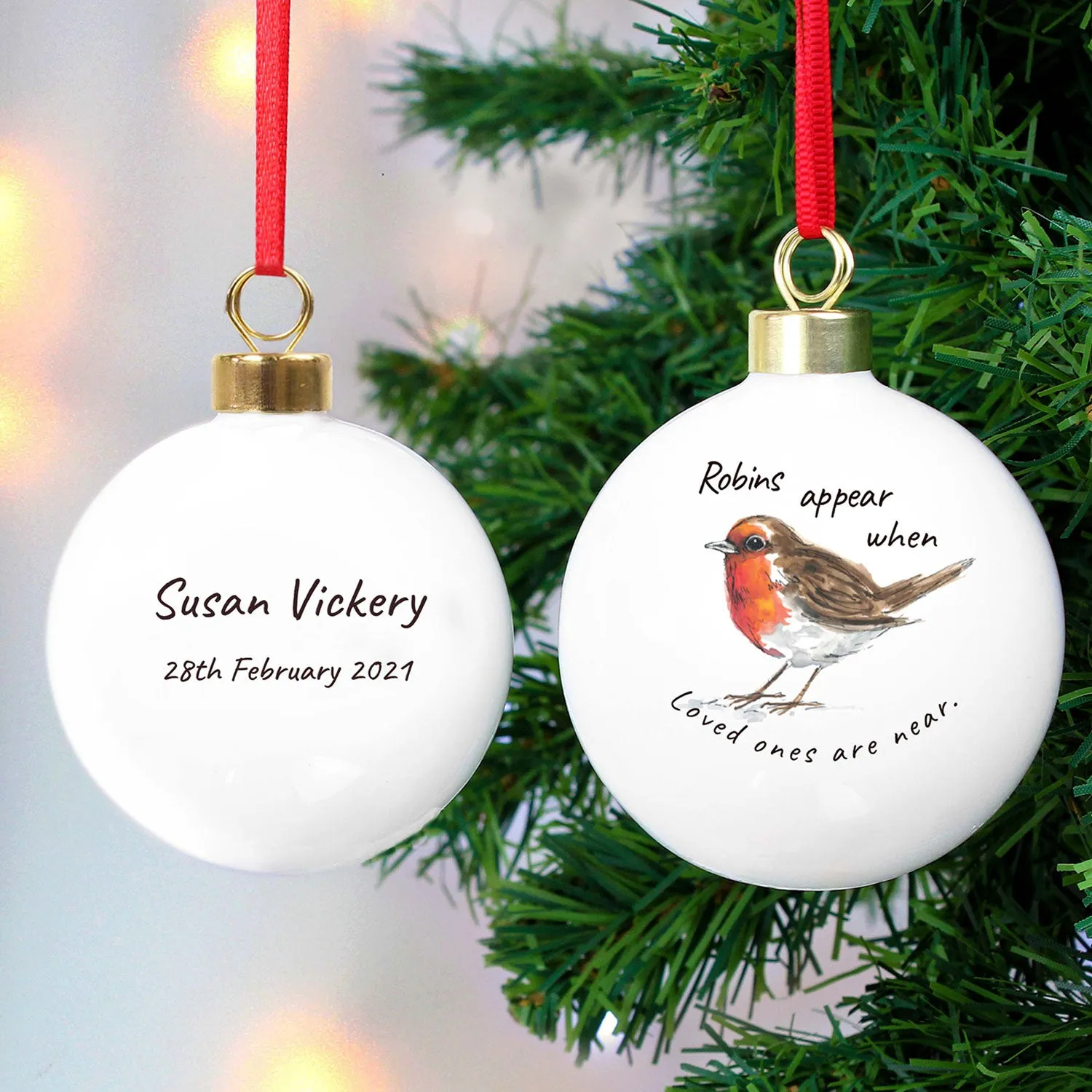 Personalised Robins Appear Memorial Christmas Bauble - White, Ceramic by Julian Charles