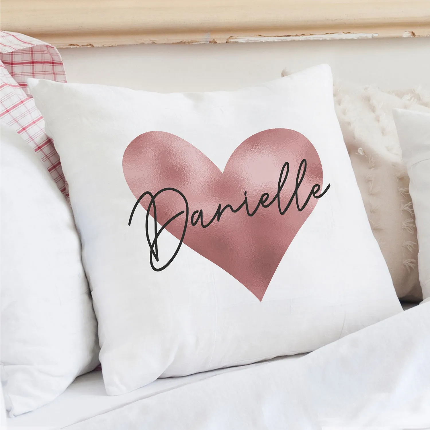Personalised Rose Gold Heart Cushion - White, Cotton alternate view