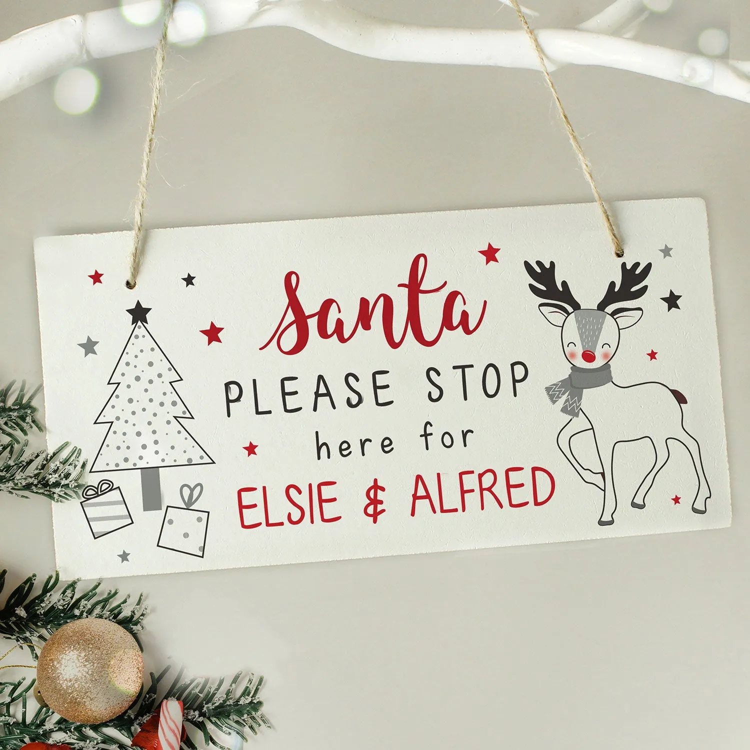 Personalised Santa Please Stop Here Rudolph Wooden Sign by Julian Charles