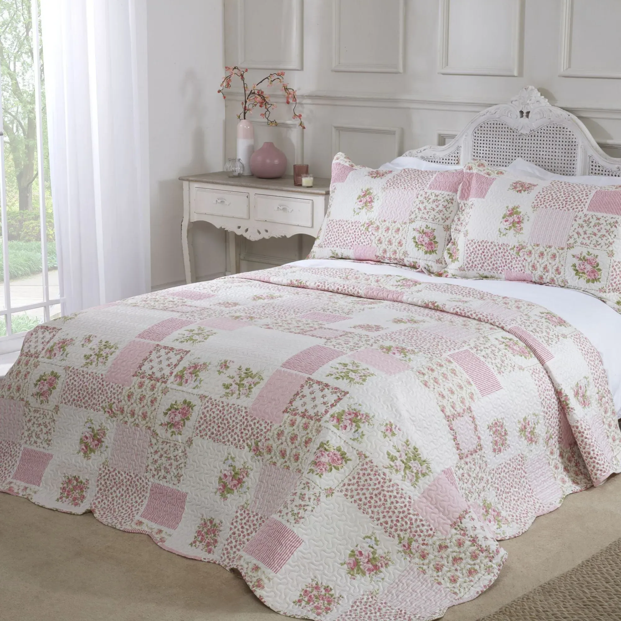 Single Quilted Bedspread Set - Pink, Microfiber product
