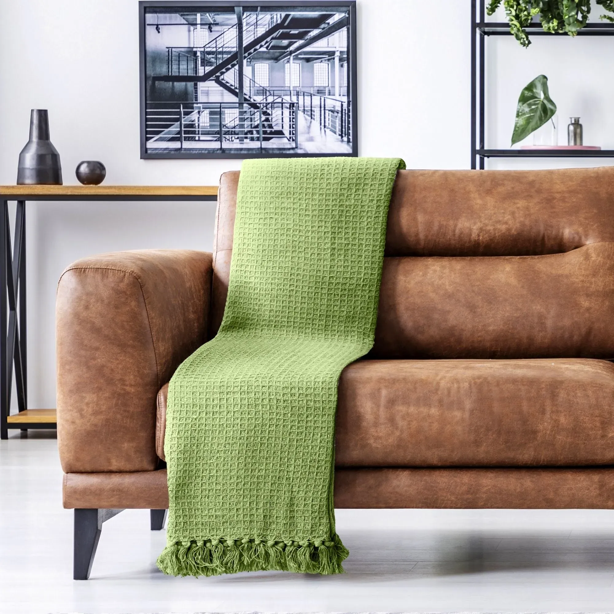 Honeycomb Throw with Tassels - Green, Cotton by Julian Charles