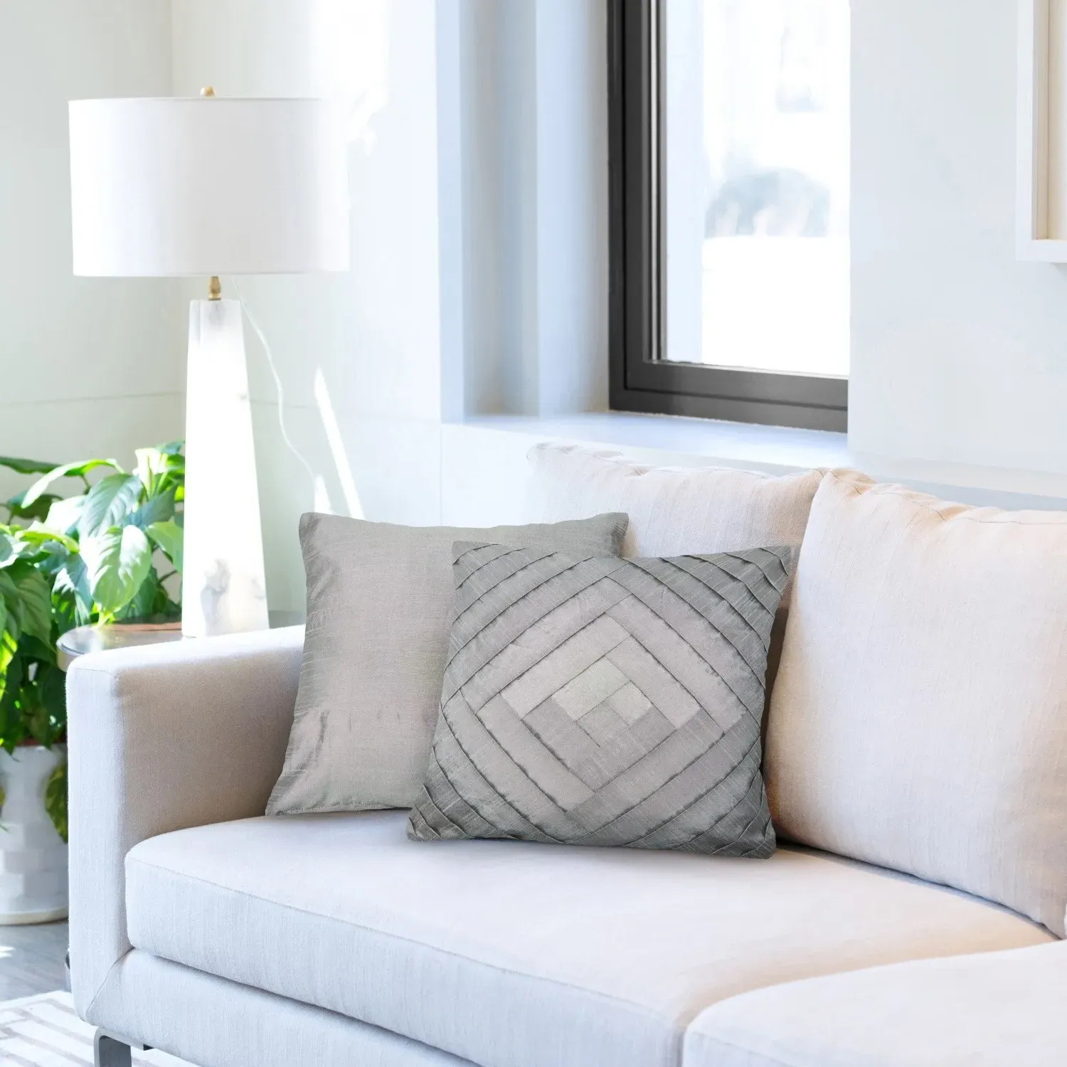 Pleated Cushion Cover Pair - Grey, Sateen