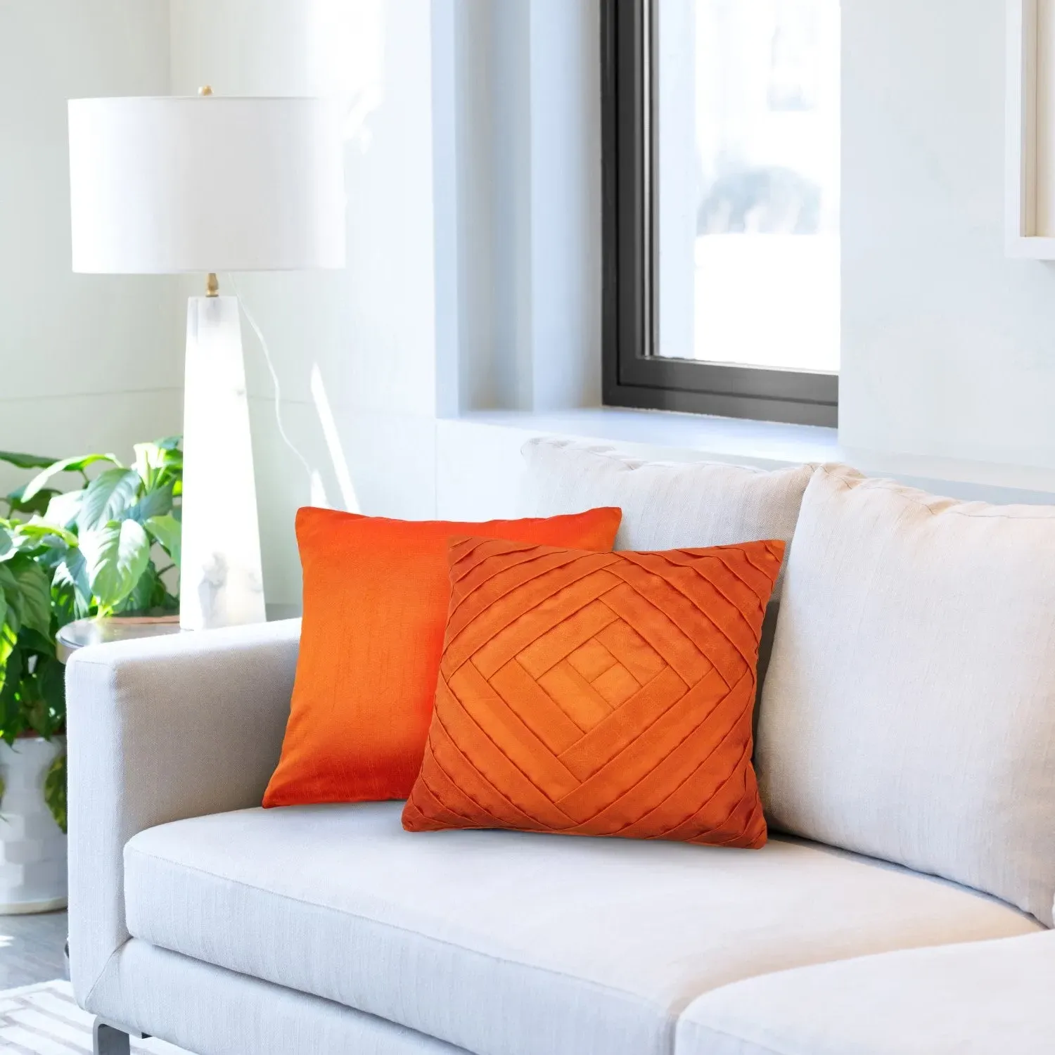 Pleated Cushion Cover Pair - Orange, Sateen