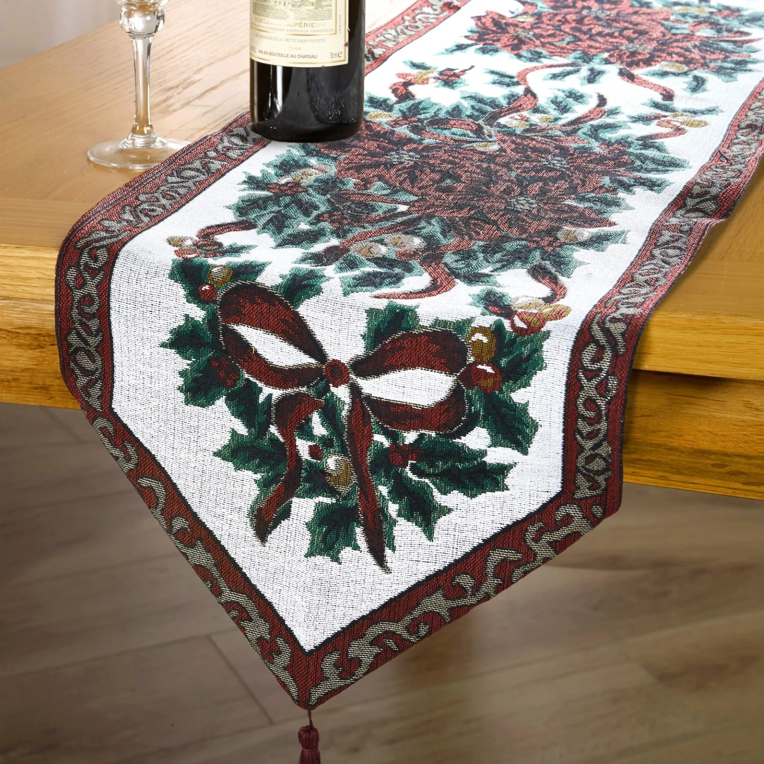 Poinsettia Table Runner - Silver, Lurex Fabric