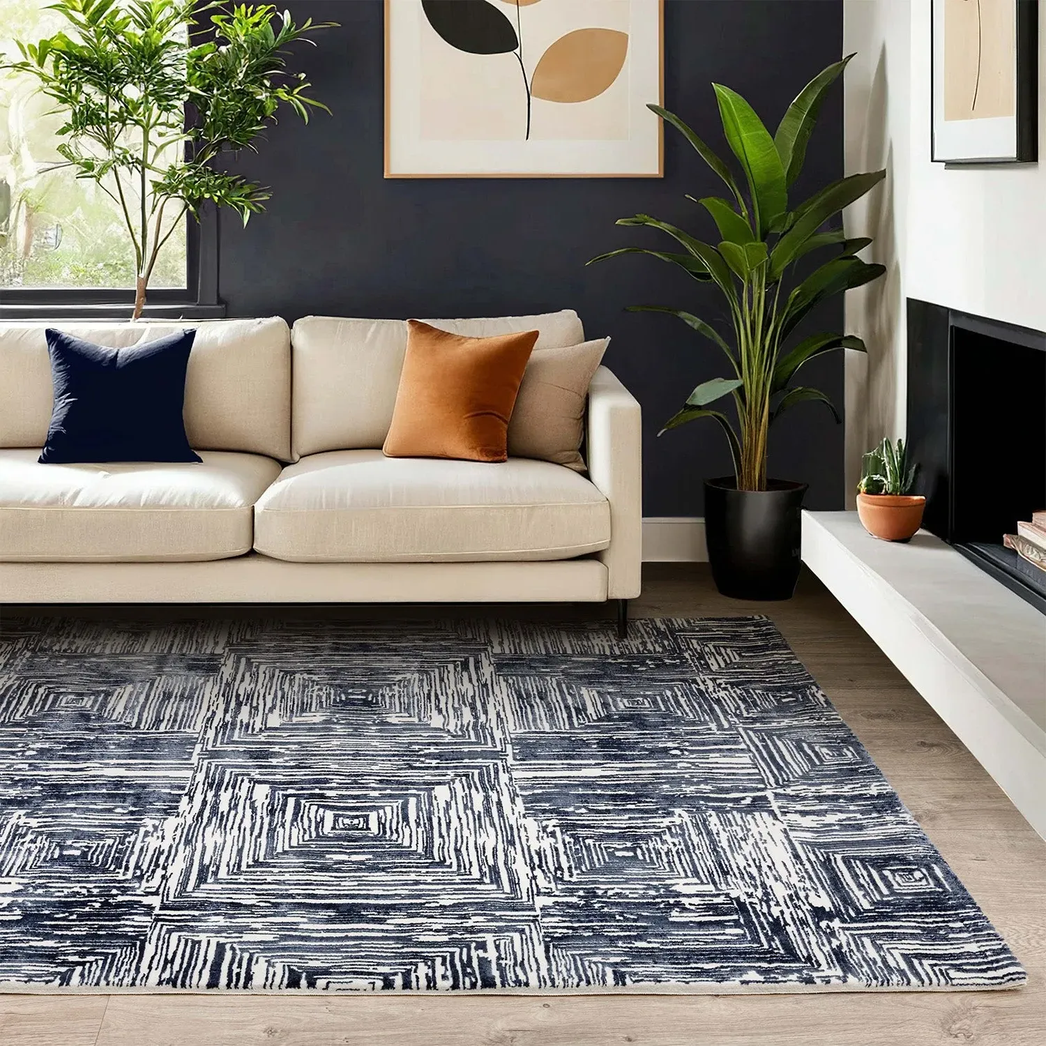 Portrait Rug with Ribbed Design - Navy Blue, Velvet