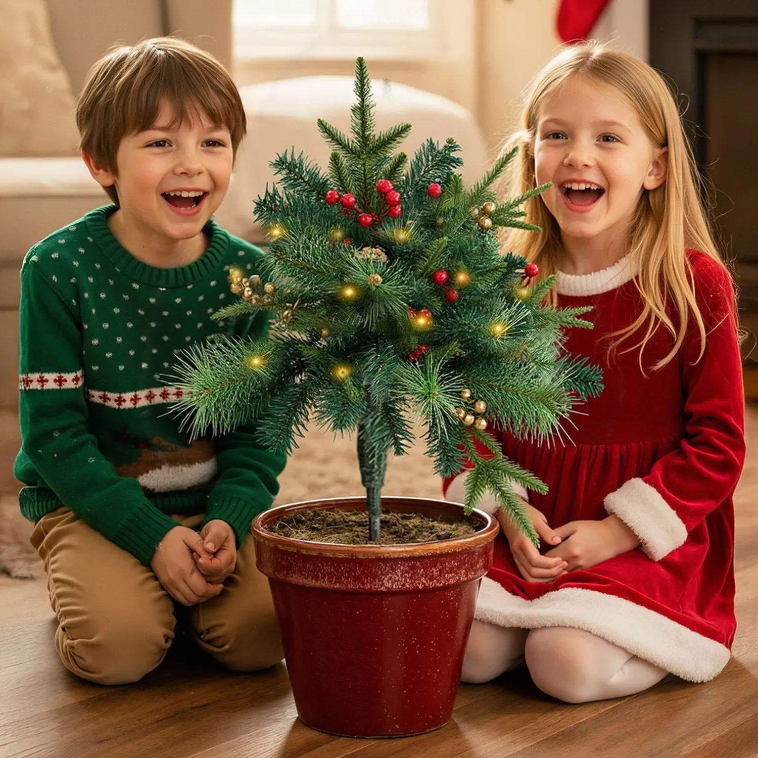 Pre-Lit Artificial Christmas Tree Urn Filler 2 Pack - Green by Julian Charles, alternate view