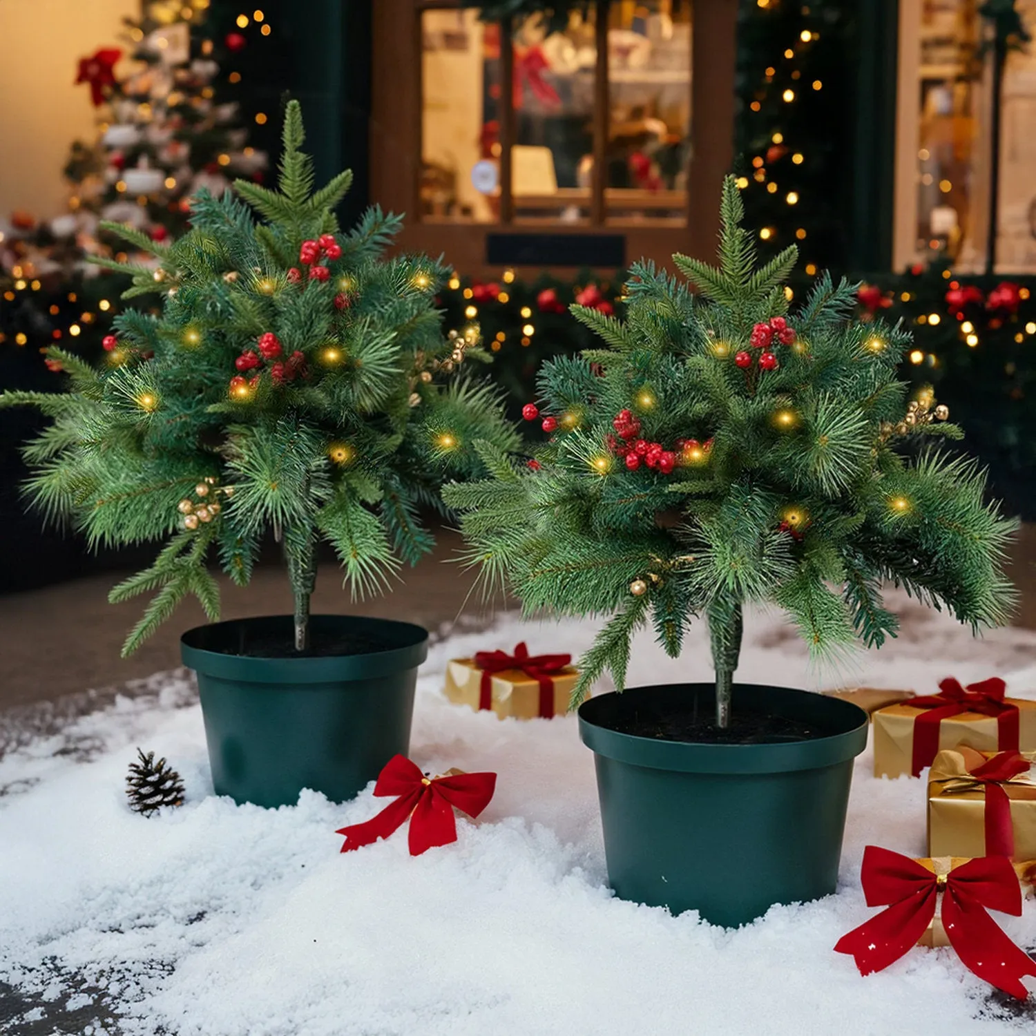 Pre-Lit Artificial Christmas Tree Urn Filler 2 Pack - Green by Julian Charles