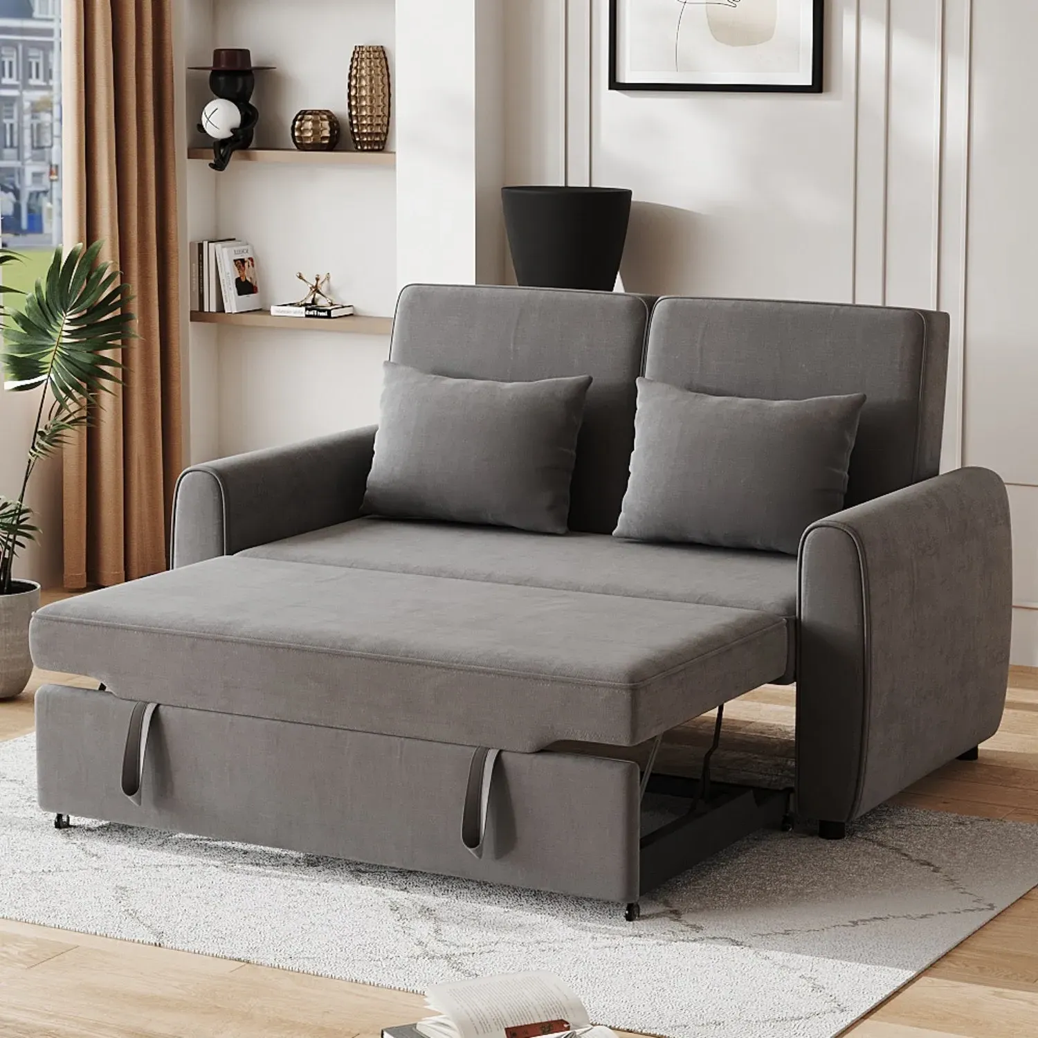 Pull Out 2-Seater Sofa Bed with Reclining Backrest - Grey product