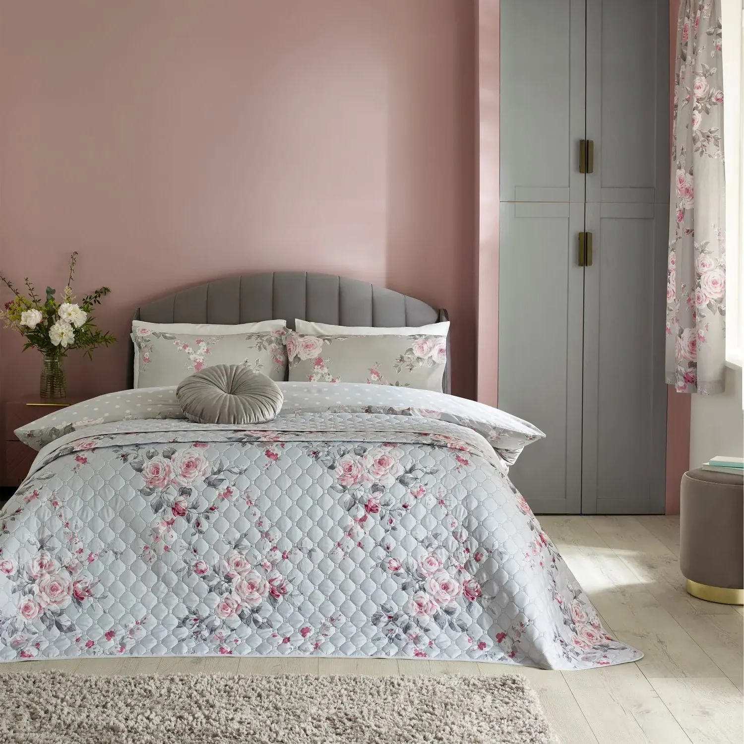 Quilted Bedspread Reversible - Grey, Cotton