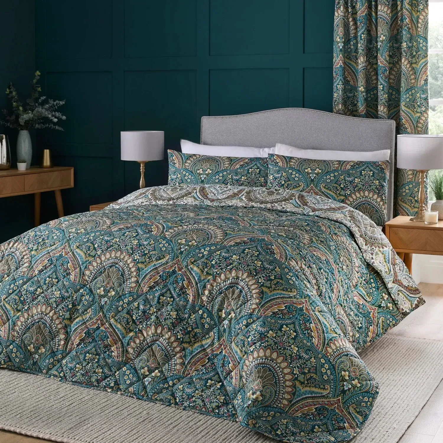 Quilted Bedspread Reversible - Teal, Damask