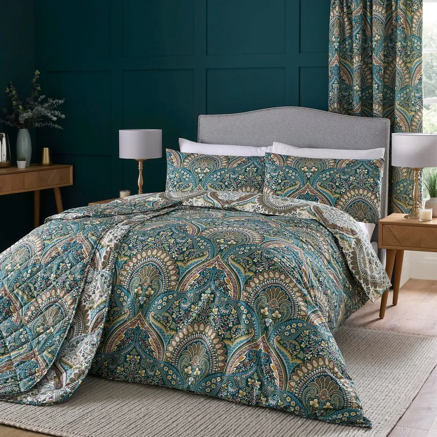 Quilted Bedspread Reversible - Teal, Damask