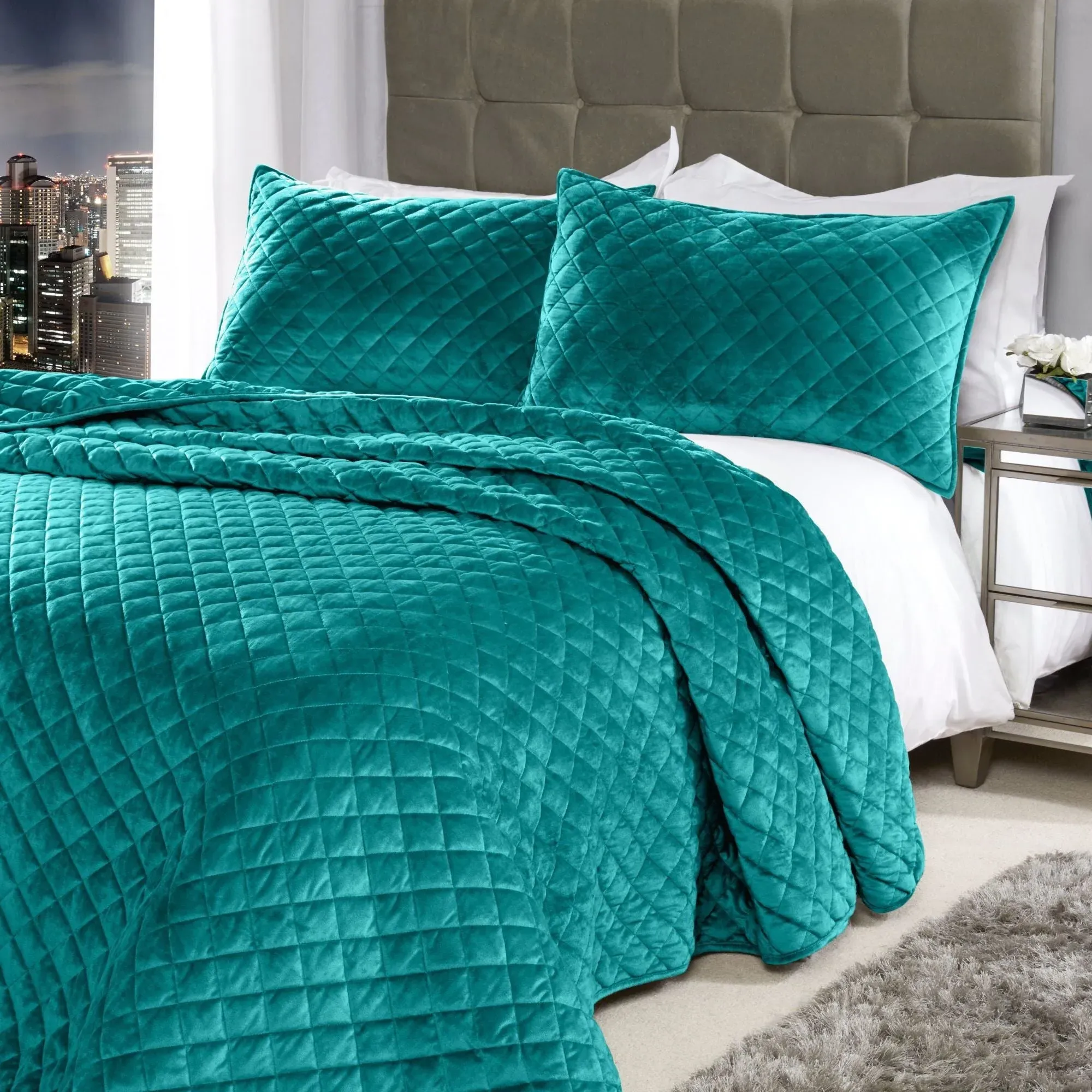 Quilted Bedspread Set - Green, Velvet