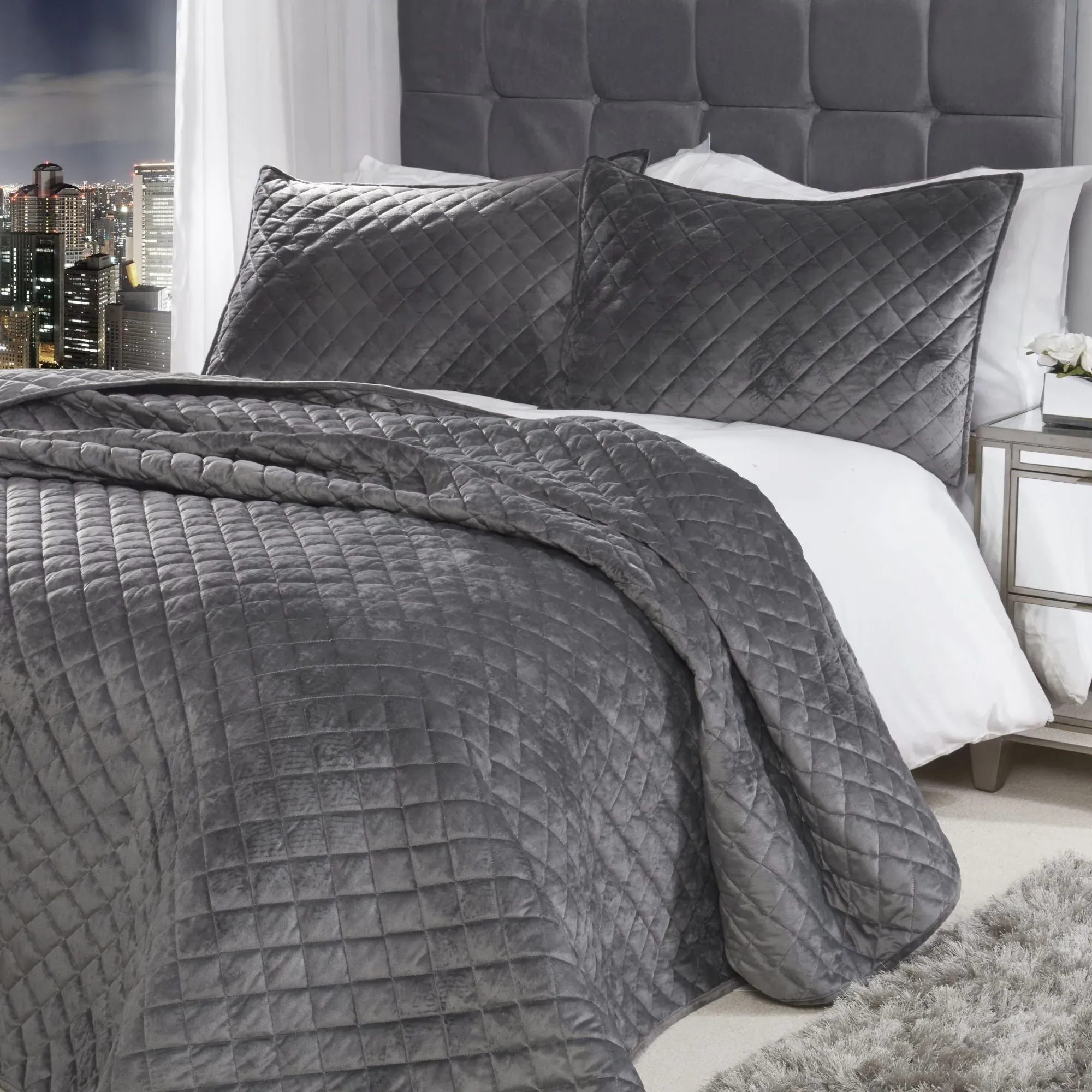 Quilted Bedspread Set - Grey, Velvet