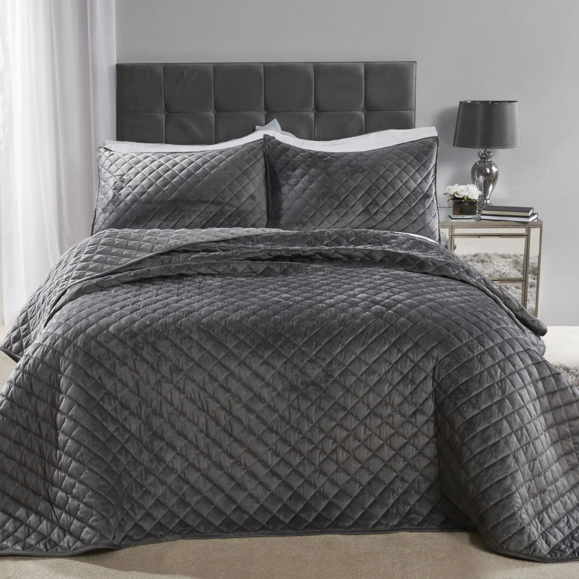 Quilted Bedspread Set - Grey, Velvet