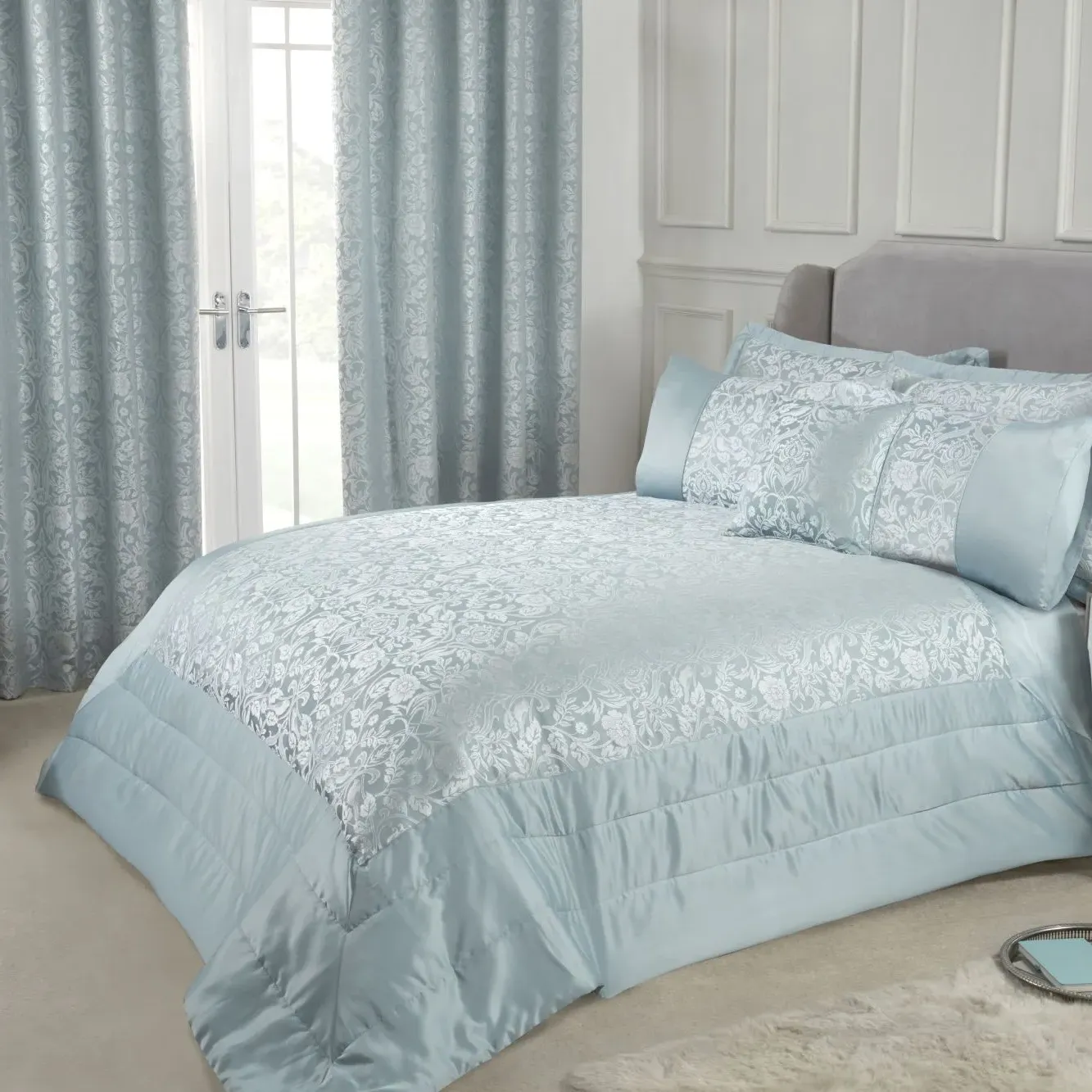 Quilted Bedspread Set with Jacquard - Blue, Sateen