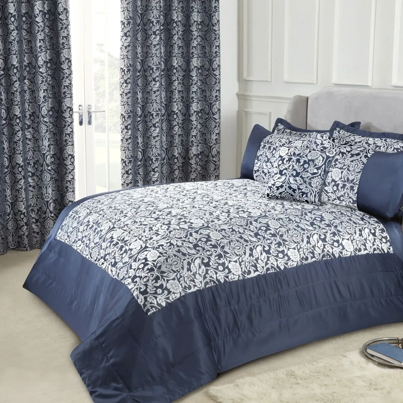 Quilted Bedspread Set with Jacquard - Navy, Sateen