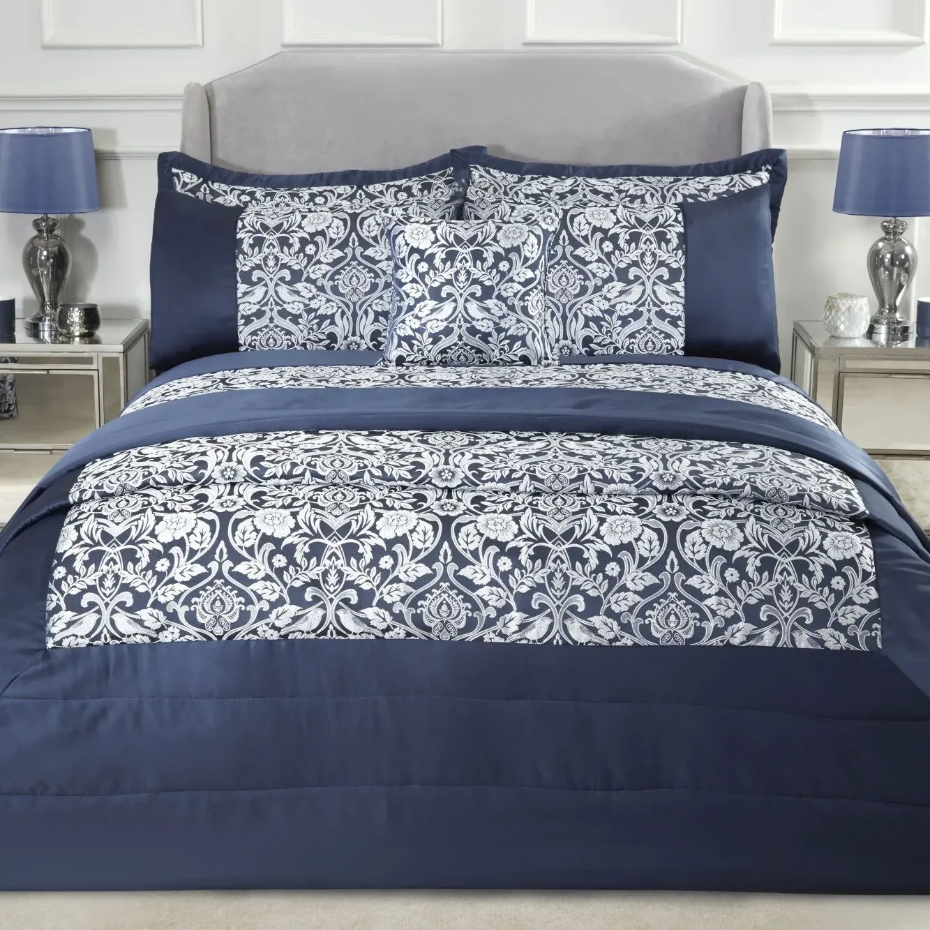 Quilted Bedspread Set with Jacquard - Navy, Sateen