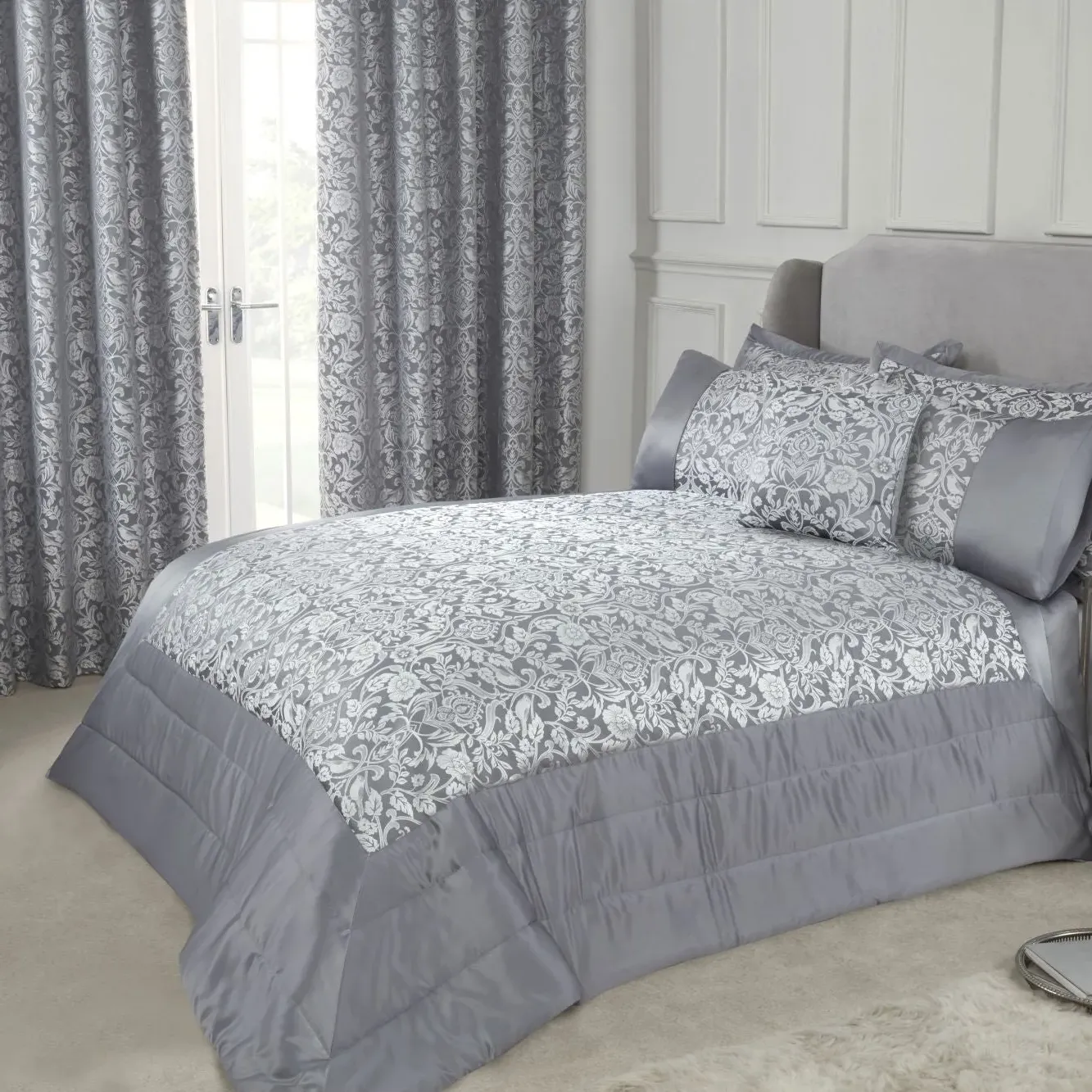 Quilted Bedspread Set with Jacquard - Silver, Sateen