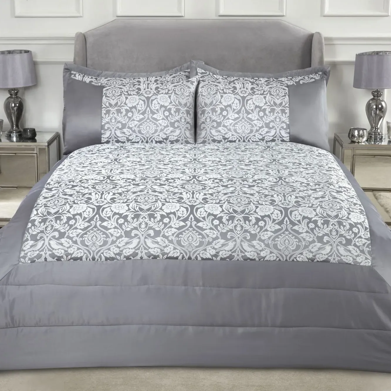 Quilted Bedspread Set with Jacquard - Silver, Sateen