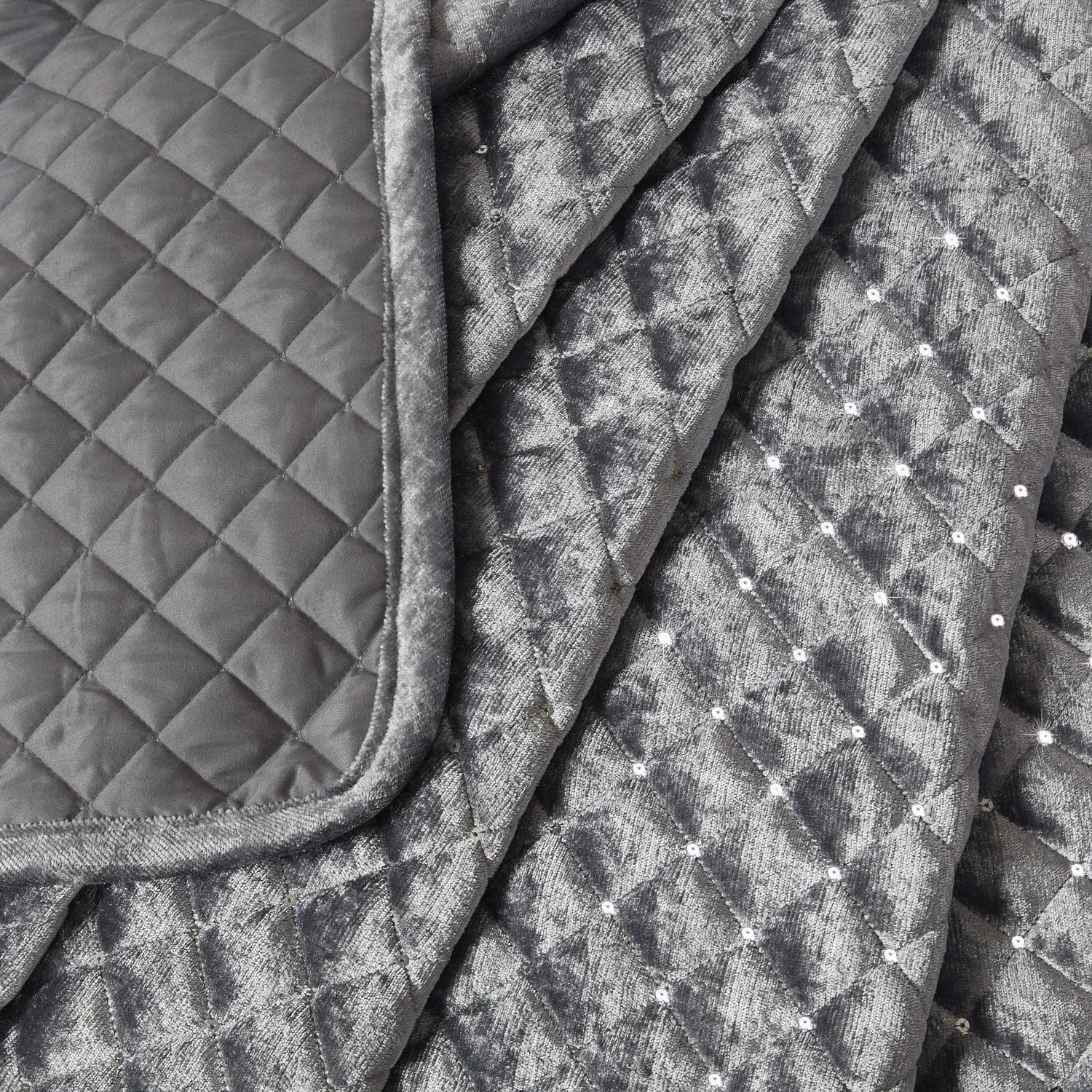 Quilted Bedspread Set with Sequins - Grey, Velvet