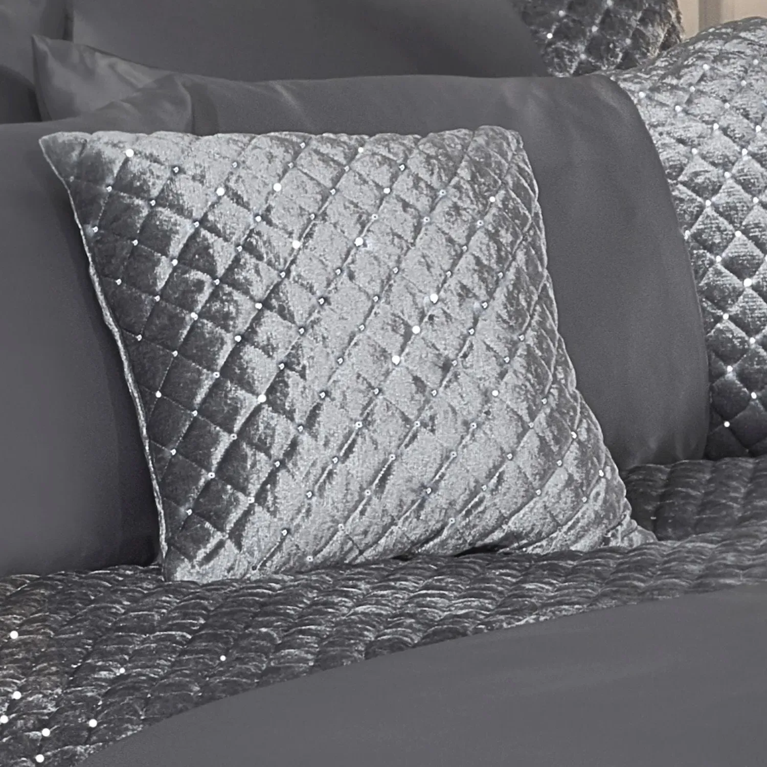 Quilted Cushion Cover Pair with Sequins - Grey, Velvet image