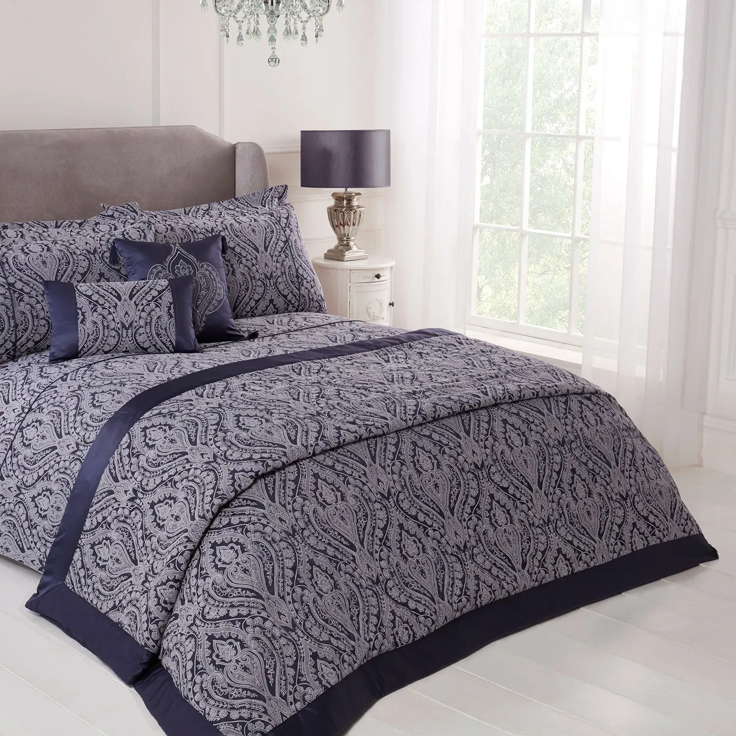 Quilted Jacquard Bedspread - Navy, Cotton