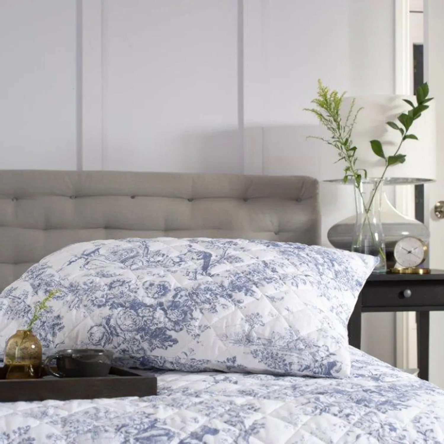 Quilted Pillow Cases Pair - Blue, Cotton