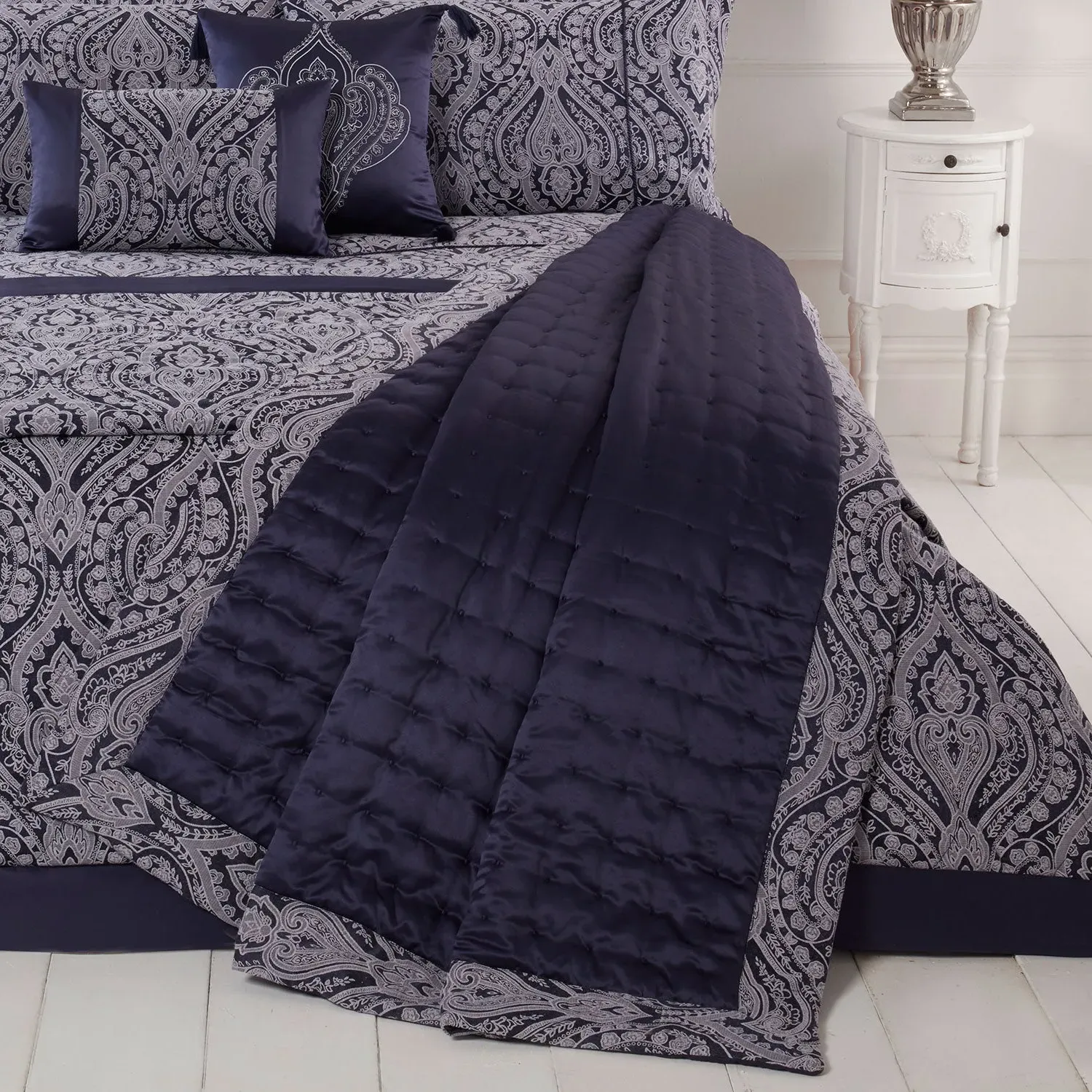 Quilted Pintuck Throw with Jacquard - Navy, Cotton