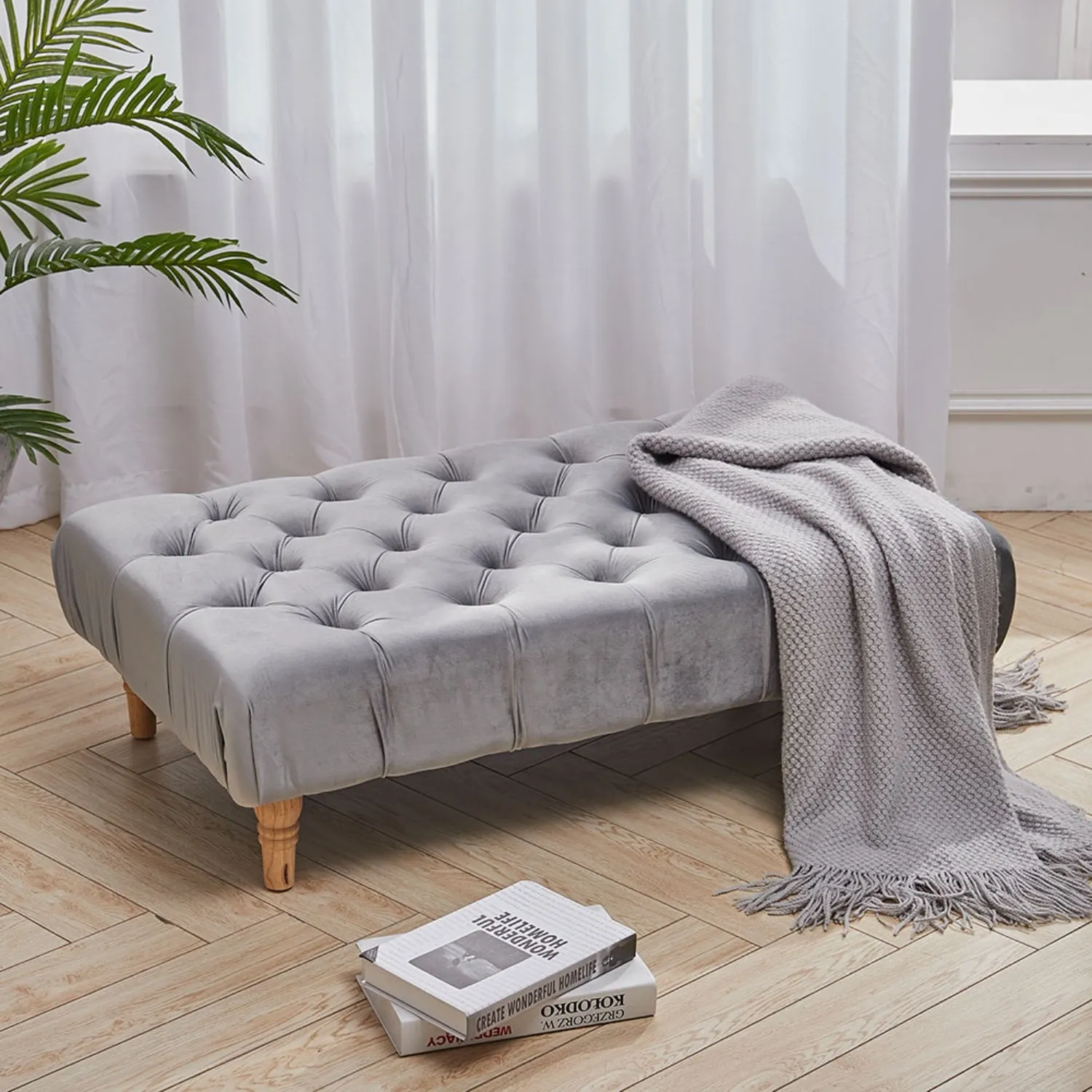 Rectangle Footstool Buttoned - Light Grey, Velvet alternate view