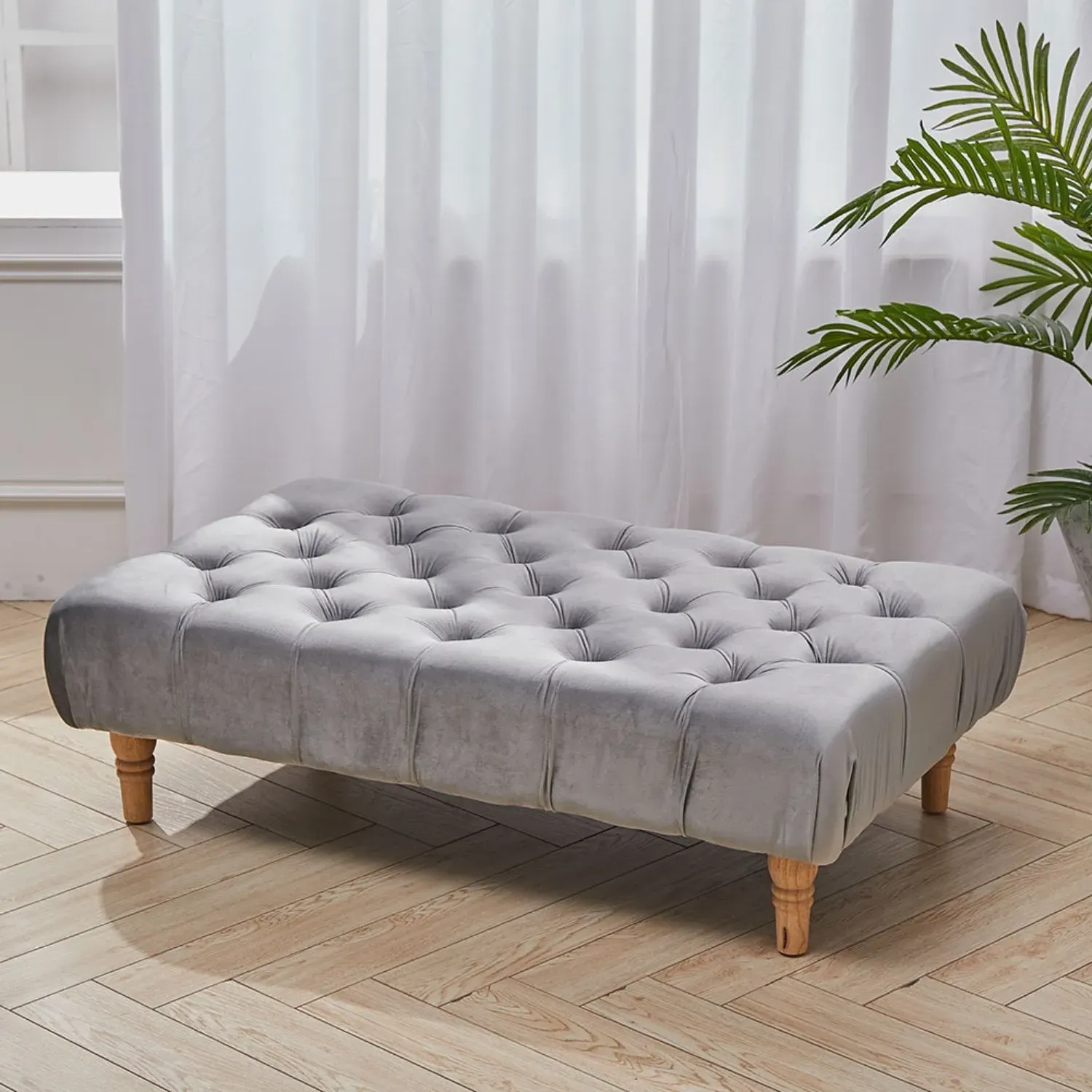 Rectangle Footstool Buttoned - Light Grey, Velvet product