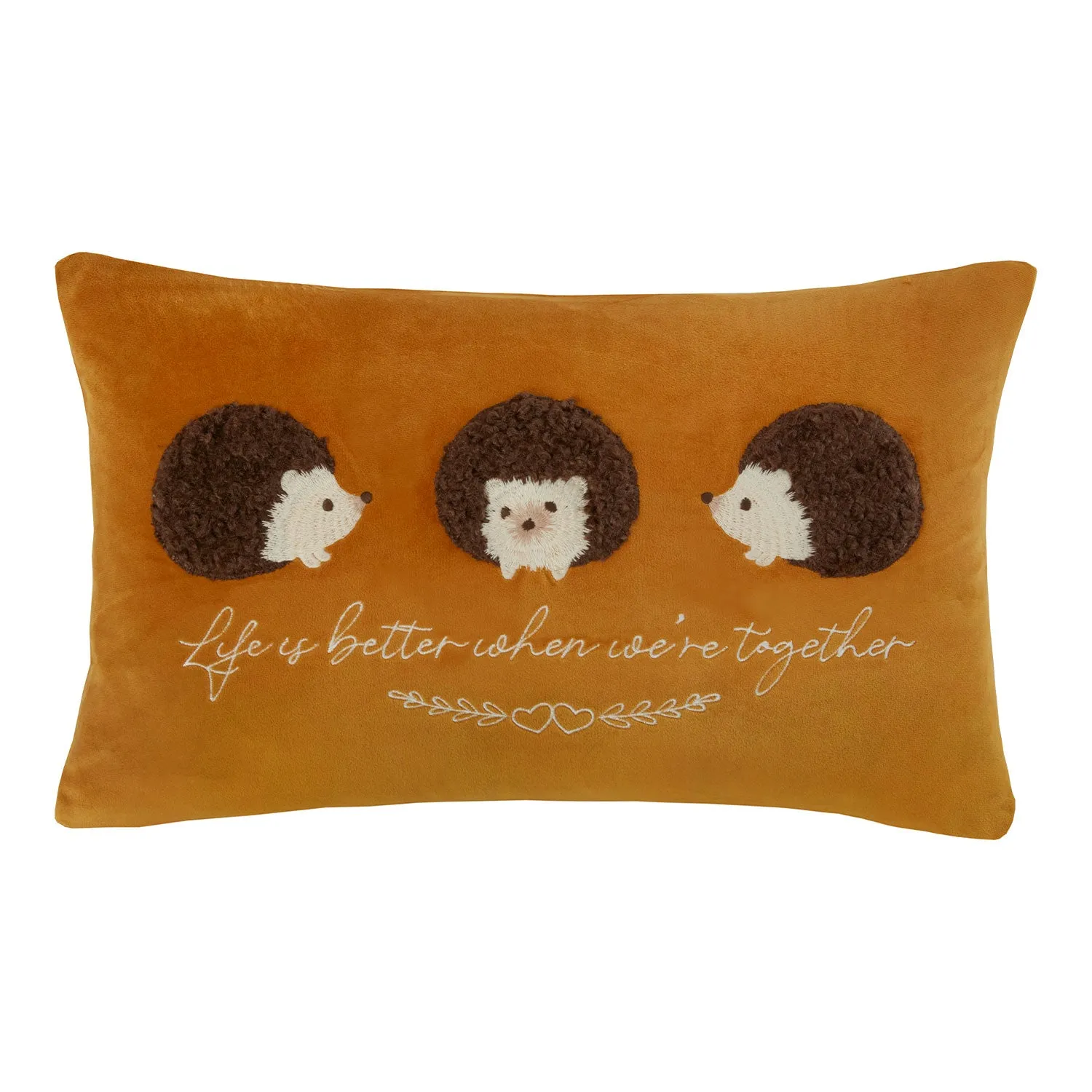 Rectangular Cushion with Hedgehog Applique - Ochre