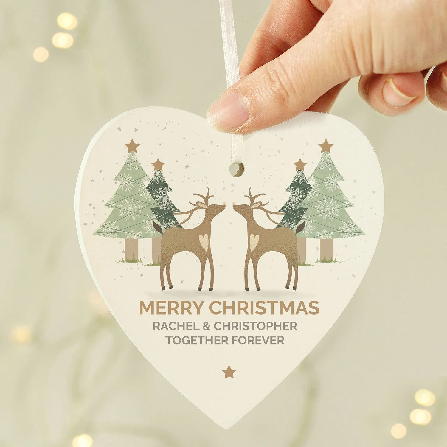 Reindeer Couple Personalised Wooden Heart Decoration - White by Julian Charles