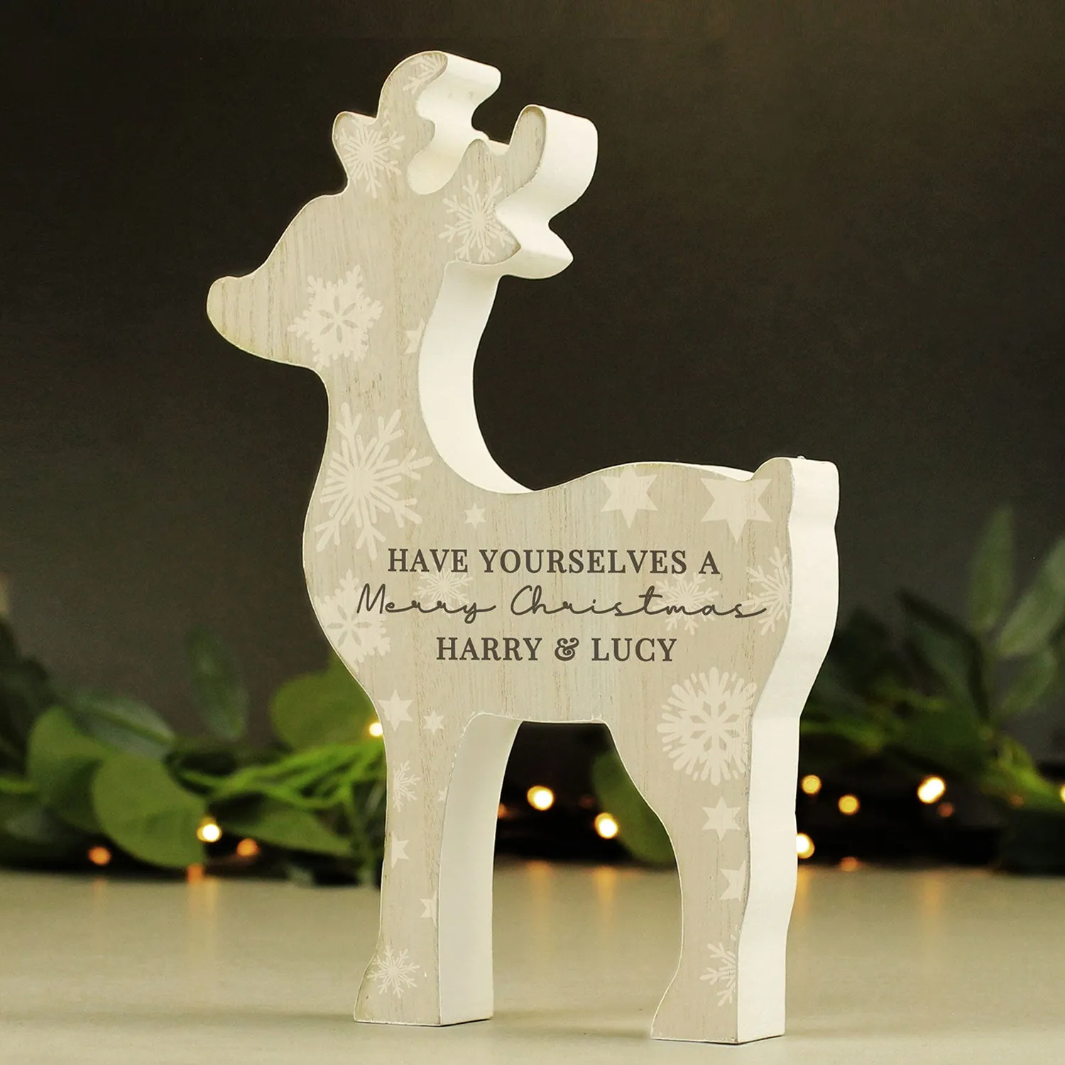 Reindeer Ornament with Snowflake Design - Cream, Wood