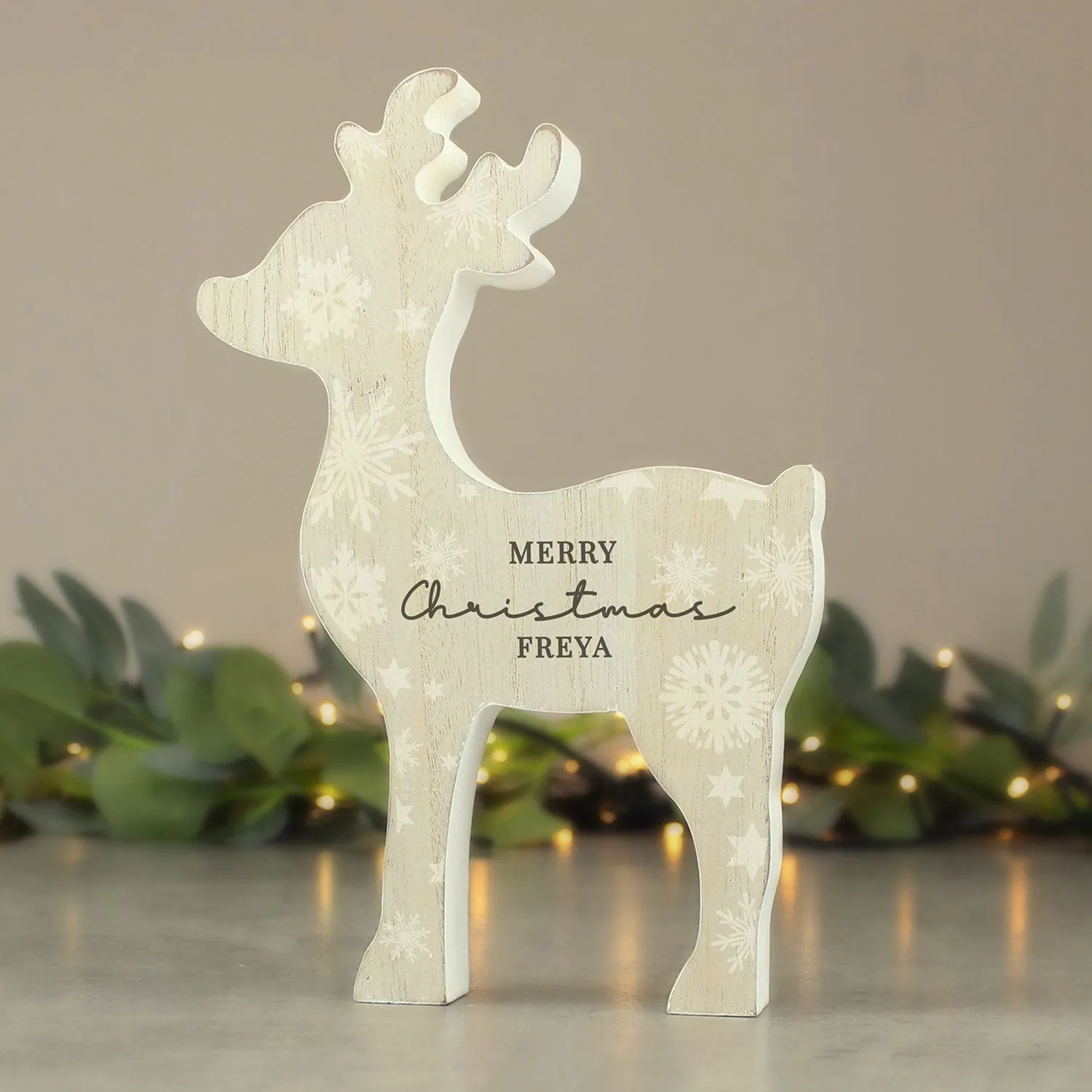 Reindeer Ornament with Snowflake Design - Cream, Wood