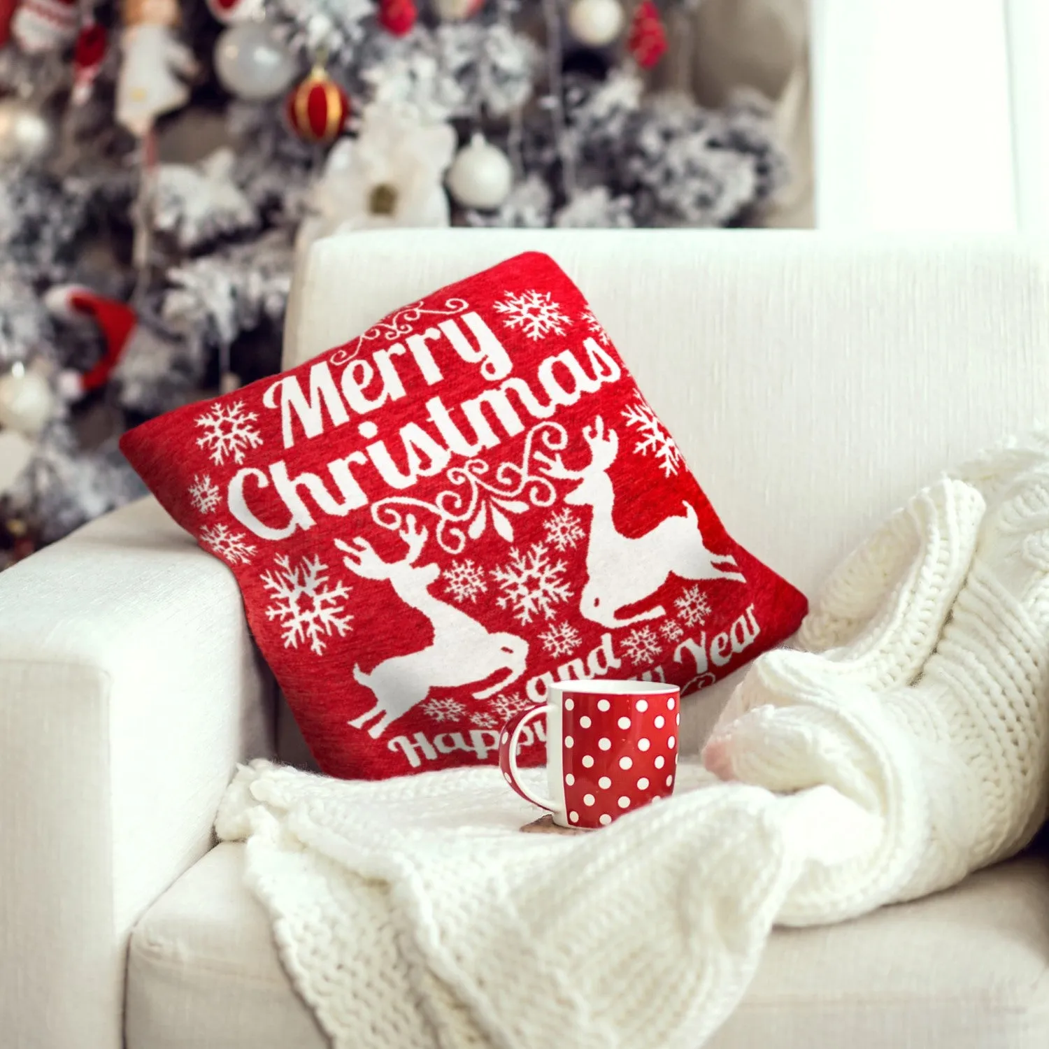 Reindeer Tapestry Cushion Cover Pair - Red