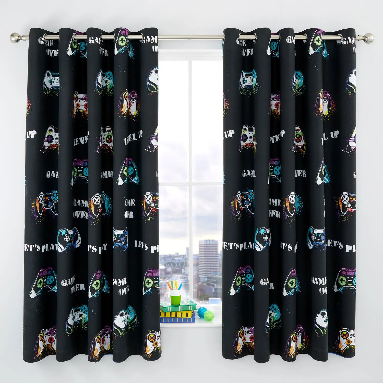 Reversible Eyelet Curtains Gaming Design - Black