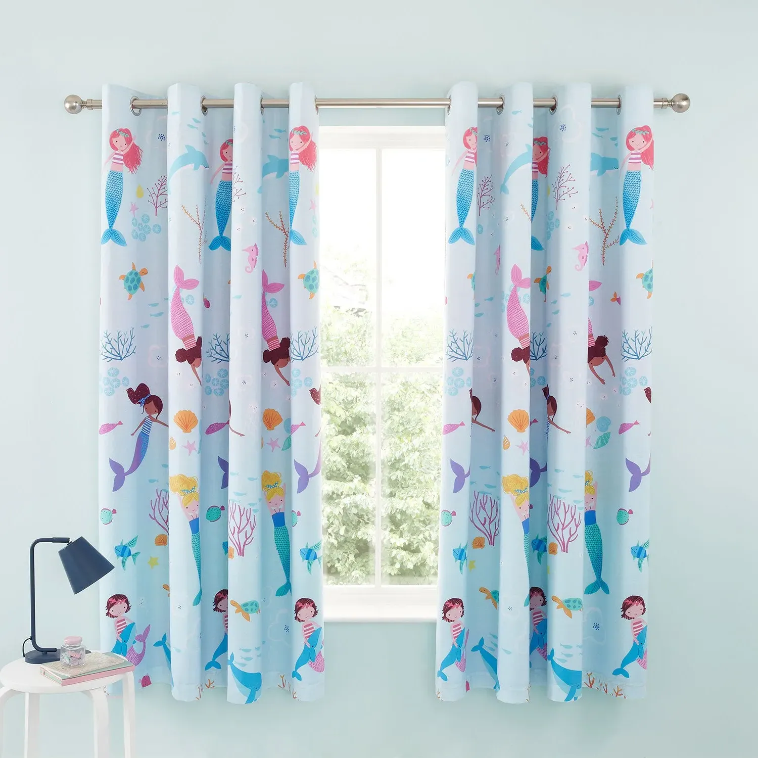 Reversible Eyelet Curtains Mermaid Design - Blue