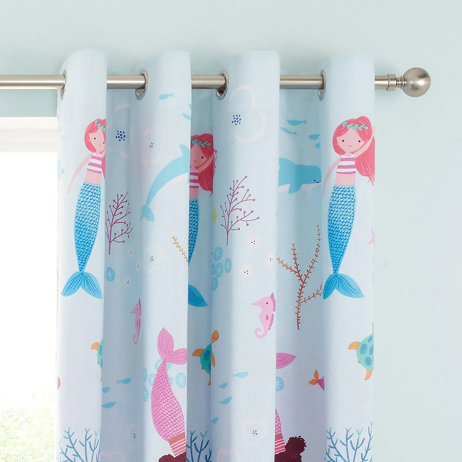 Reversible Eyelet Curtains Mermaid Design - Blue
